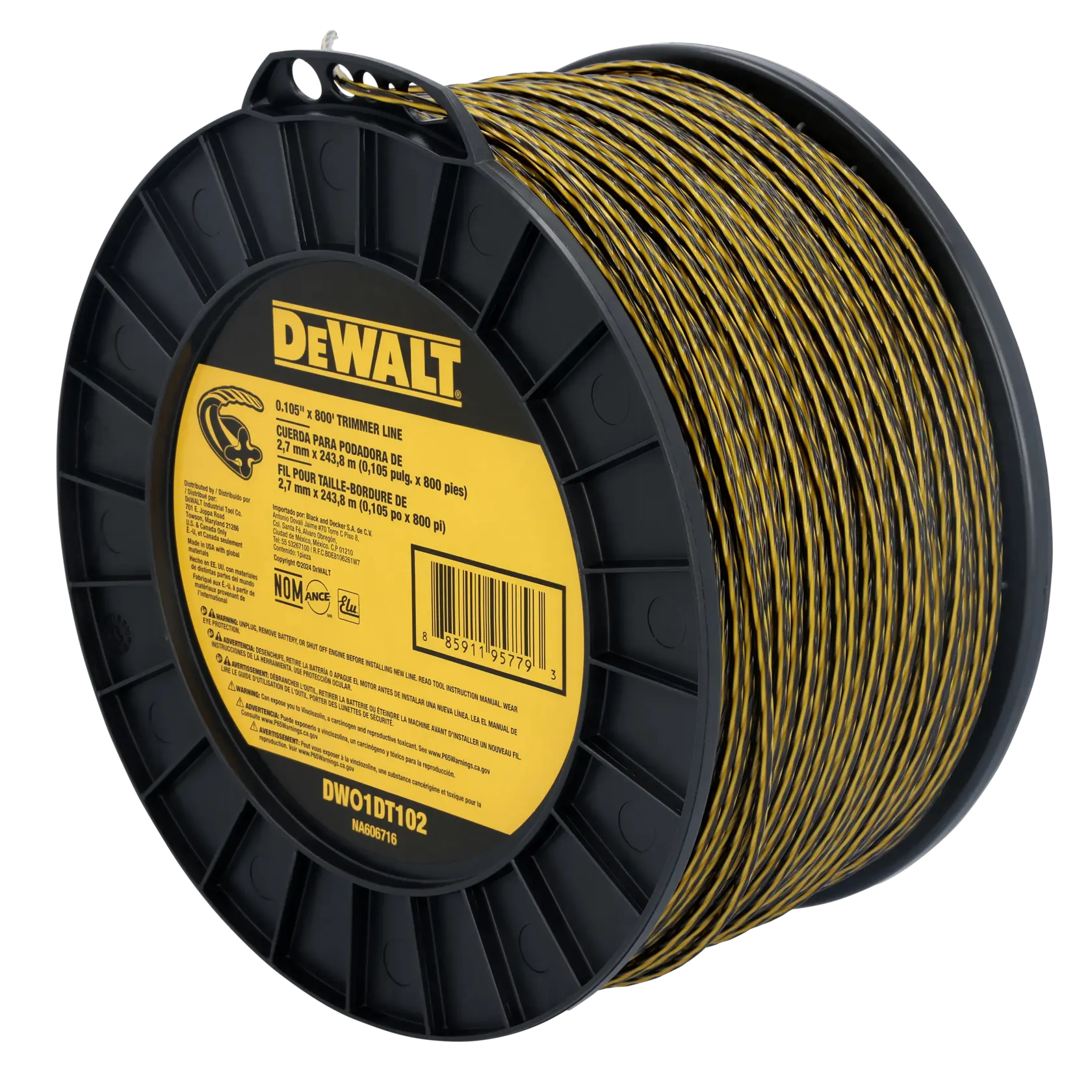 A large spool of DEWALT trimmer line, with yellow and black twisted line wound around a heavy-duty black plastic reel. The label on the spool displays product specifications and the DEWALT logo.