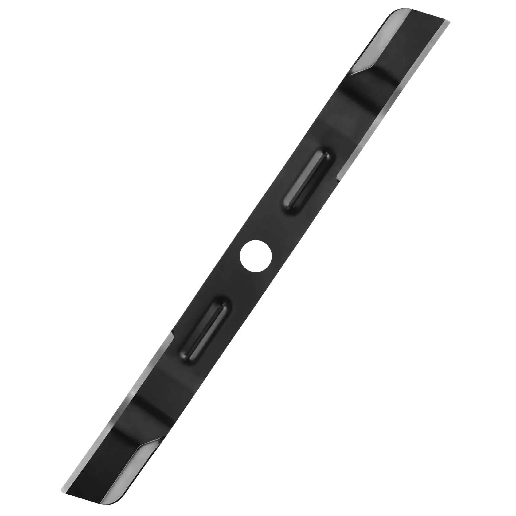 A single black lawn mower blade with a central mounting hole and sharpened ends, photographed on a white background.
