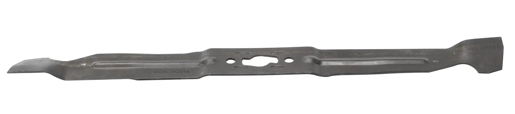 A single metal lawn mower blade with multiple mounting holes and a slightly curved design, photographed against a white background.