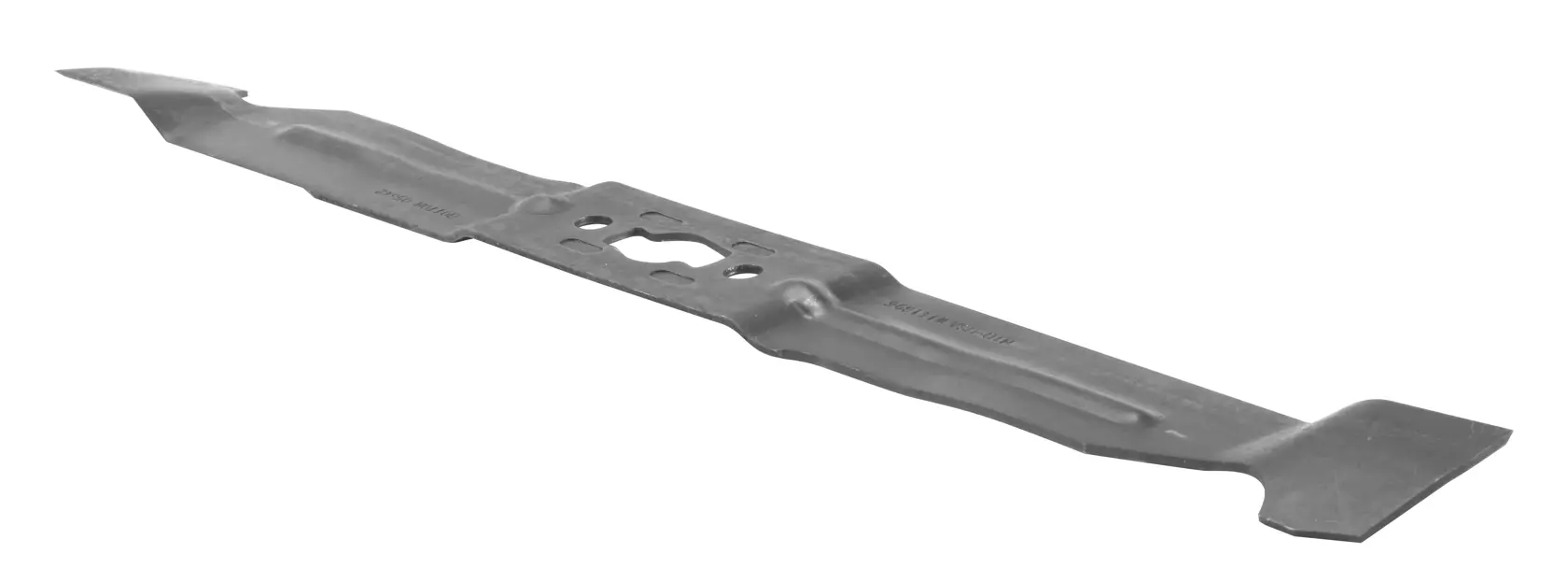 A metal lawn mower blade with a central mounting hole, photographed on a white background.