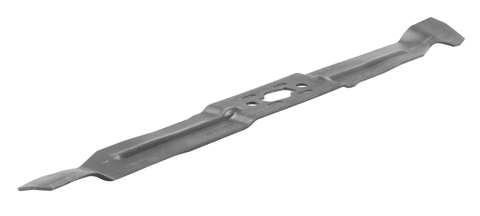 A single metal lawn mower blade with a central mounting hole and slightly angled ends, displayed against a white background.