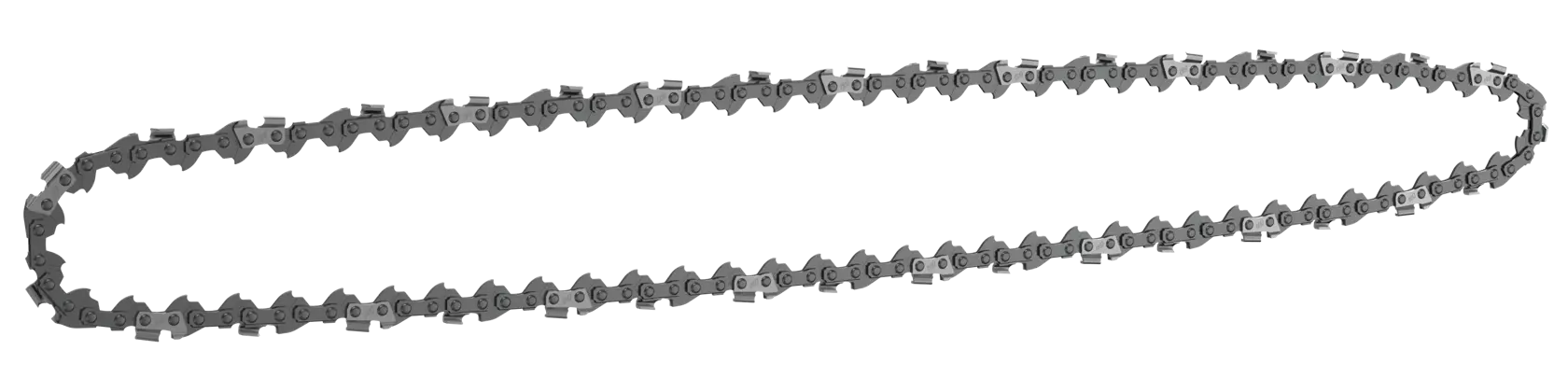 A close-up image of a chainsaw chain, shown laid out in an oval shape on a white background.
