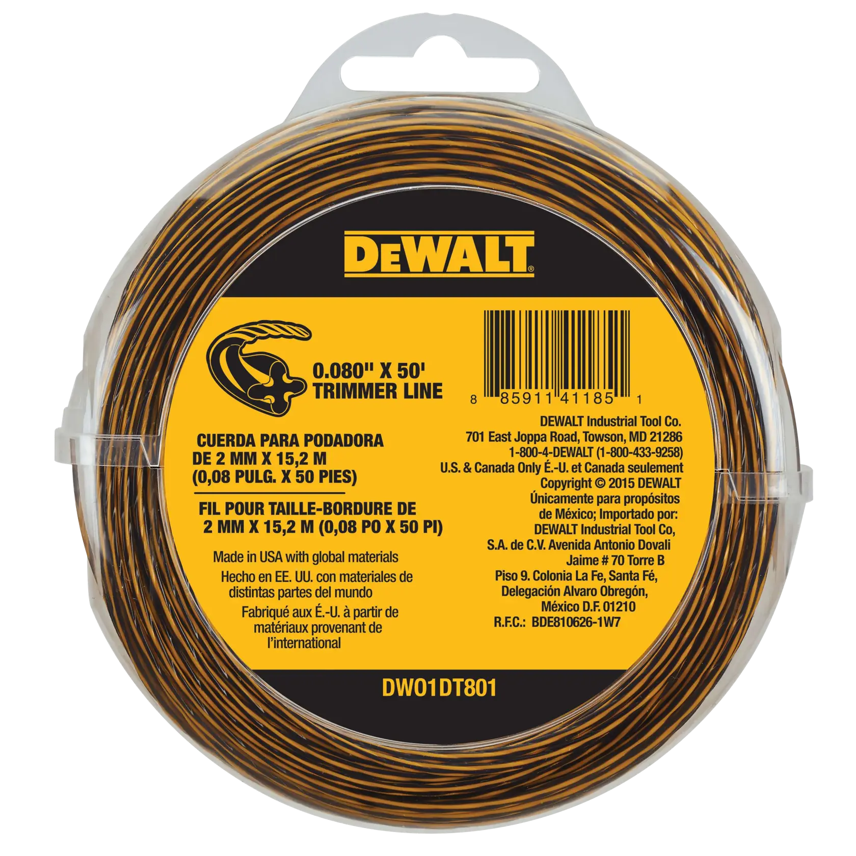 DEWALT trimmer line in a plastic package, labeled with 0.080 inch by 50 feet. The yellow and black packaging includes branding, description, and multilingual information for use with lawn trimmers.