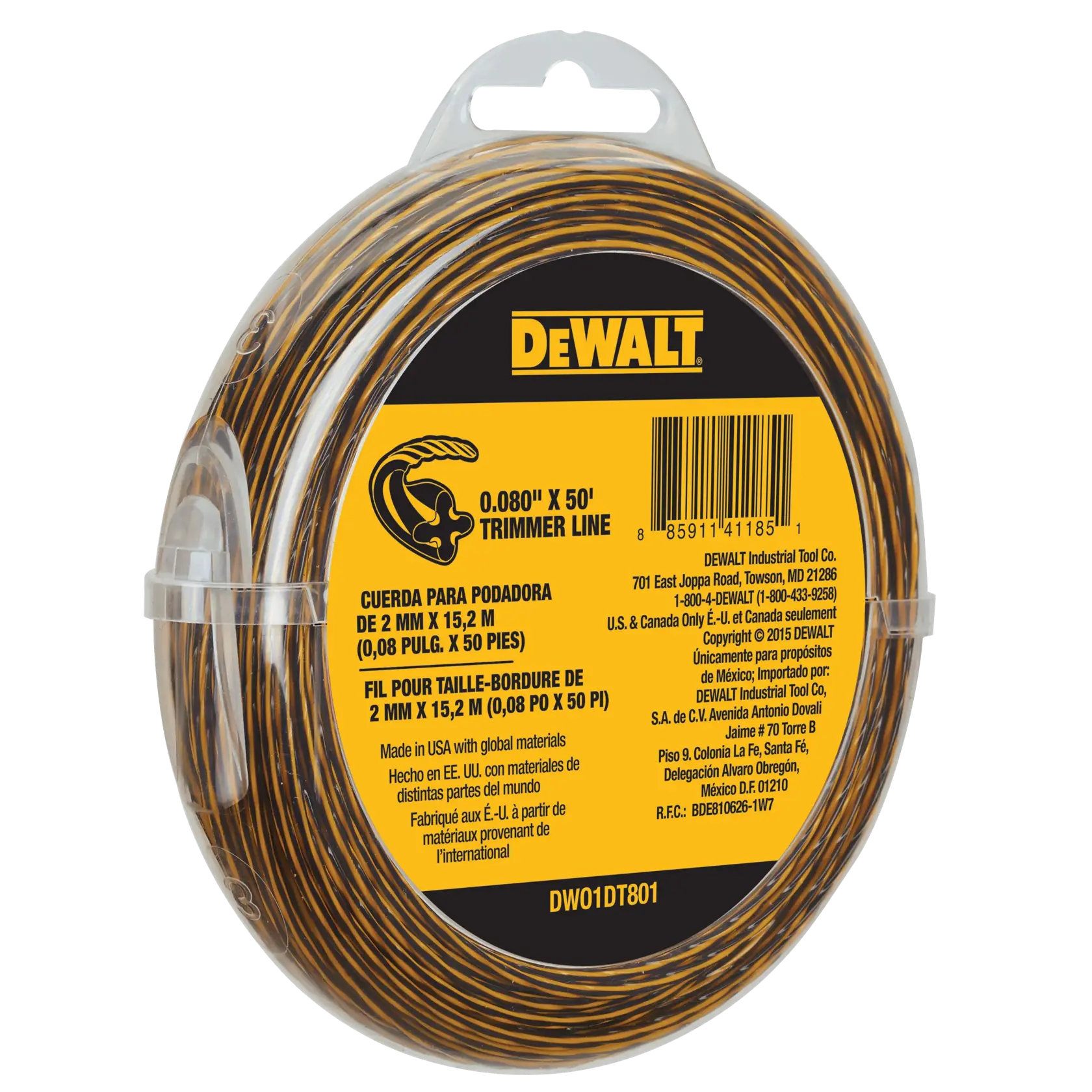 DEWALT 0.080 inch x 50 feet trimmer line spool in clear plastic packaging with yellow label, suitable for string trimmers. Model DWO1DT801.