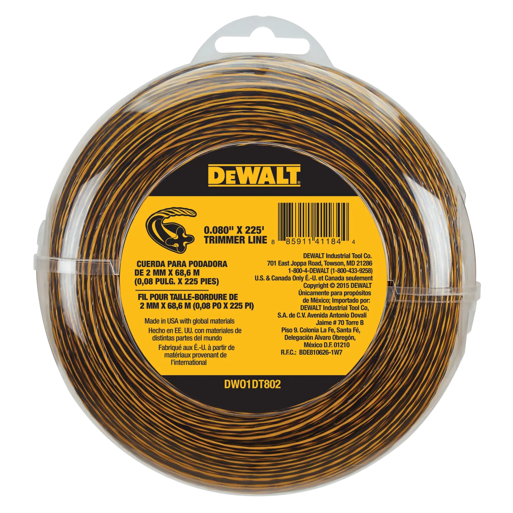DEWALT trimmer line, model DWO1DT802, 0.080 inch x 225 feet, packaged in a clear round plastic container with yellow and black labeling. Suitable for use with string trimmers.