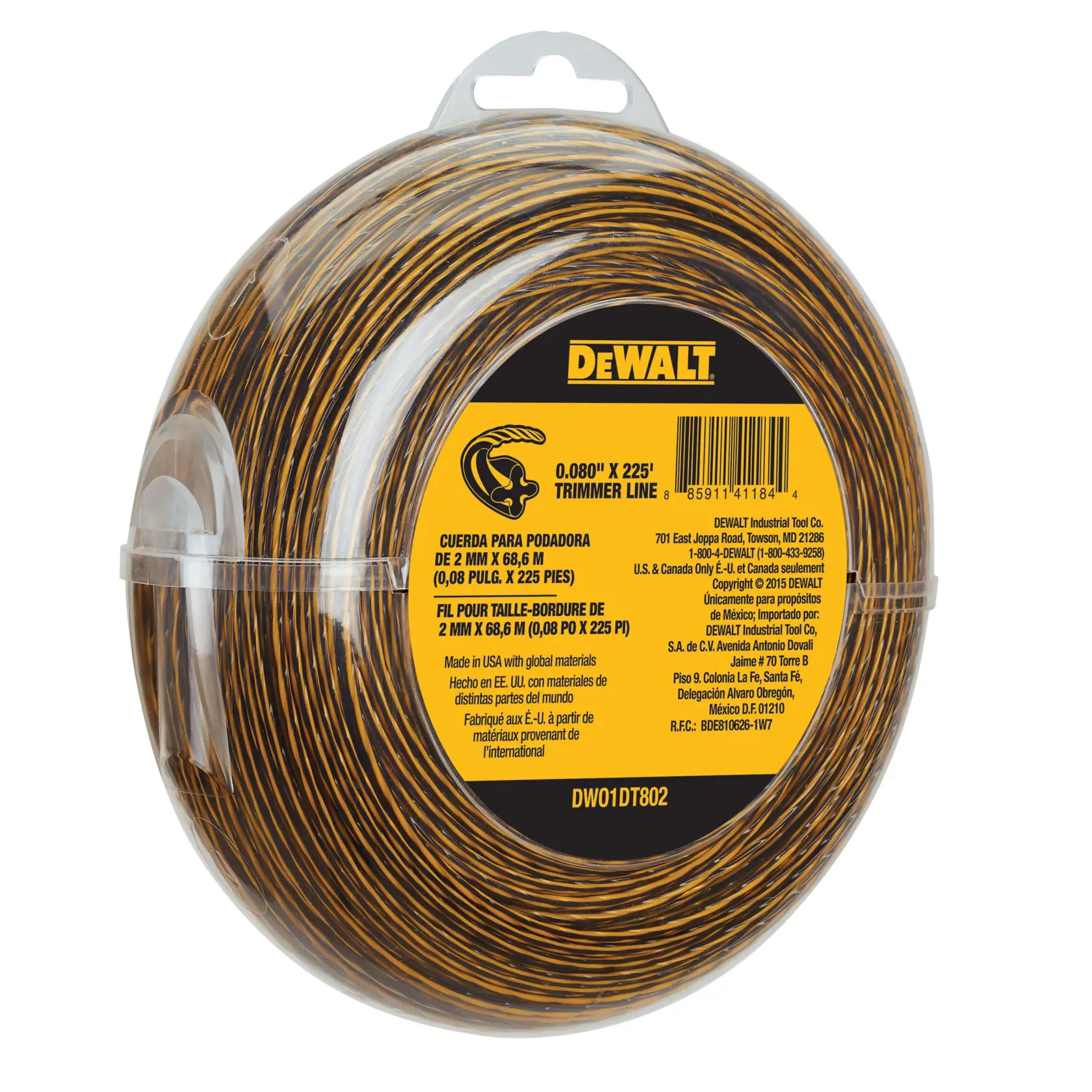 A spool of DEWALT trimmer line, model DWO1DT802, with a yellow and black label. The product is 0.080 inches by 225 feet (2 mm by 68.6 meters) and is packaged in a clear plastic container.