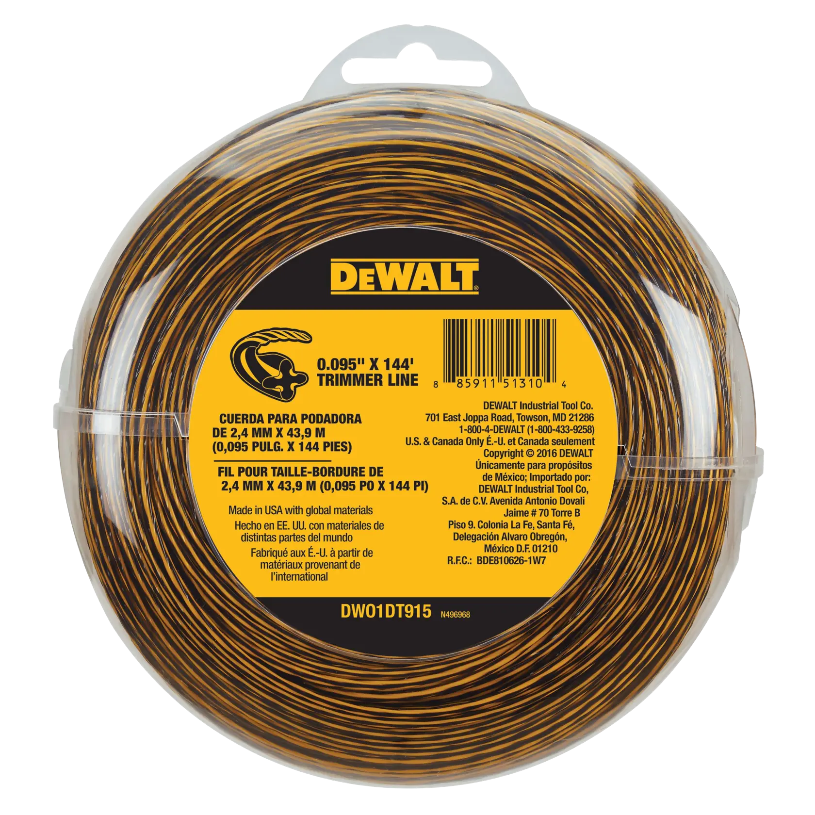 A spool of DEWALT trimmer line, model DWO1DT915, 0.095-inch diameter and 144 feet in length. The packaging features a yellow label with multilingual product information and a barcode.