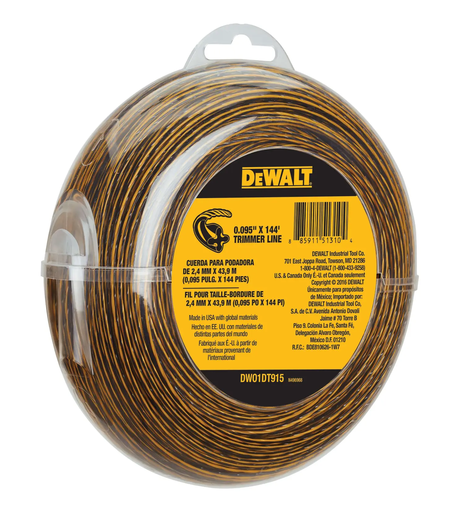 A round plastic container of DEWALT trimmer line, labeled with specifications 0.095 inch x 144 feet. The packaging features a yellow and black label with product details in several languages.