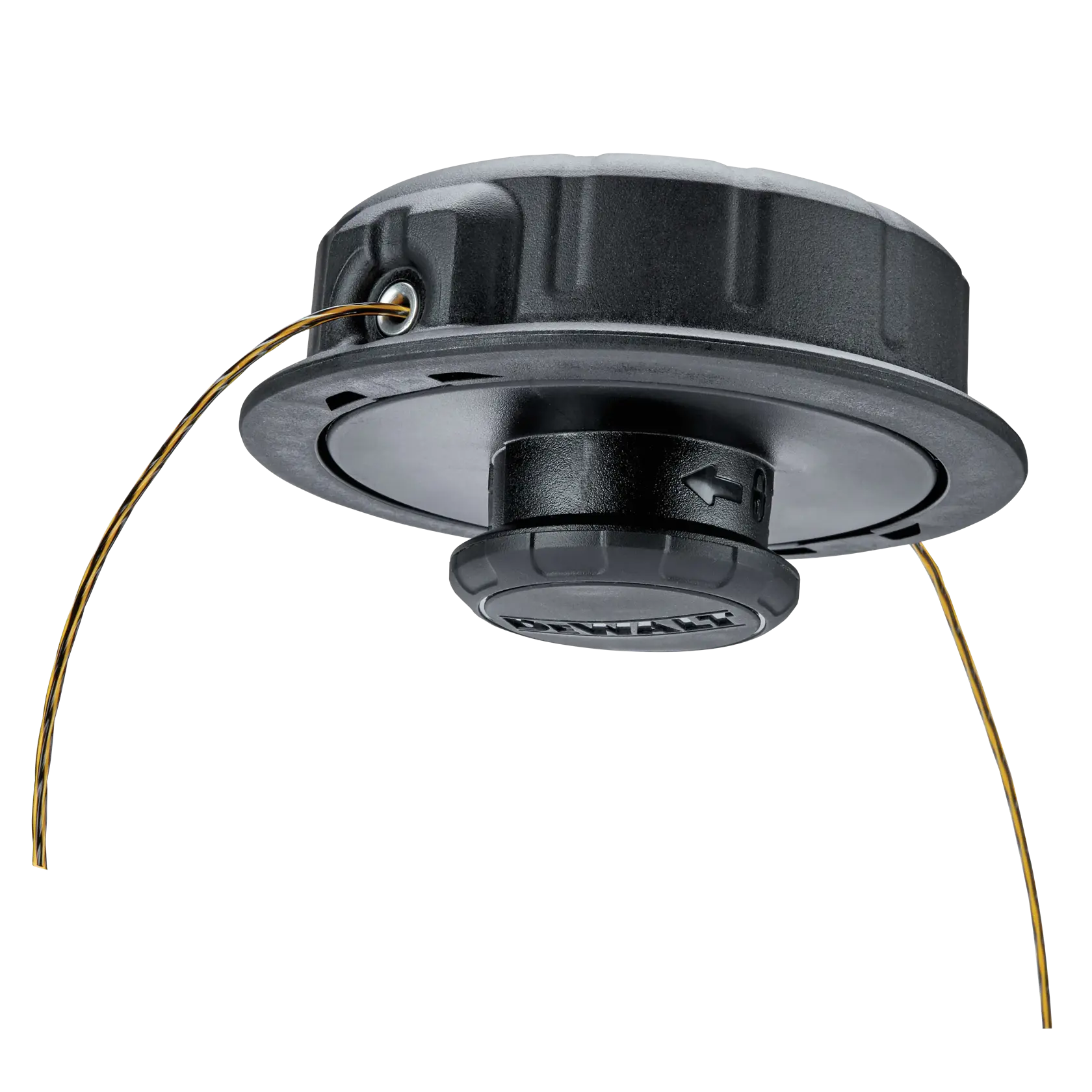 A close-up view of a DEWALT trimmer spool head with dual line, designed for string trimmers. The spool head is black with yellow trimmer line extending from both sides.