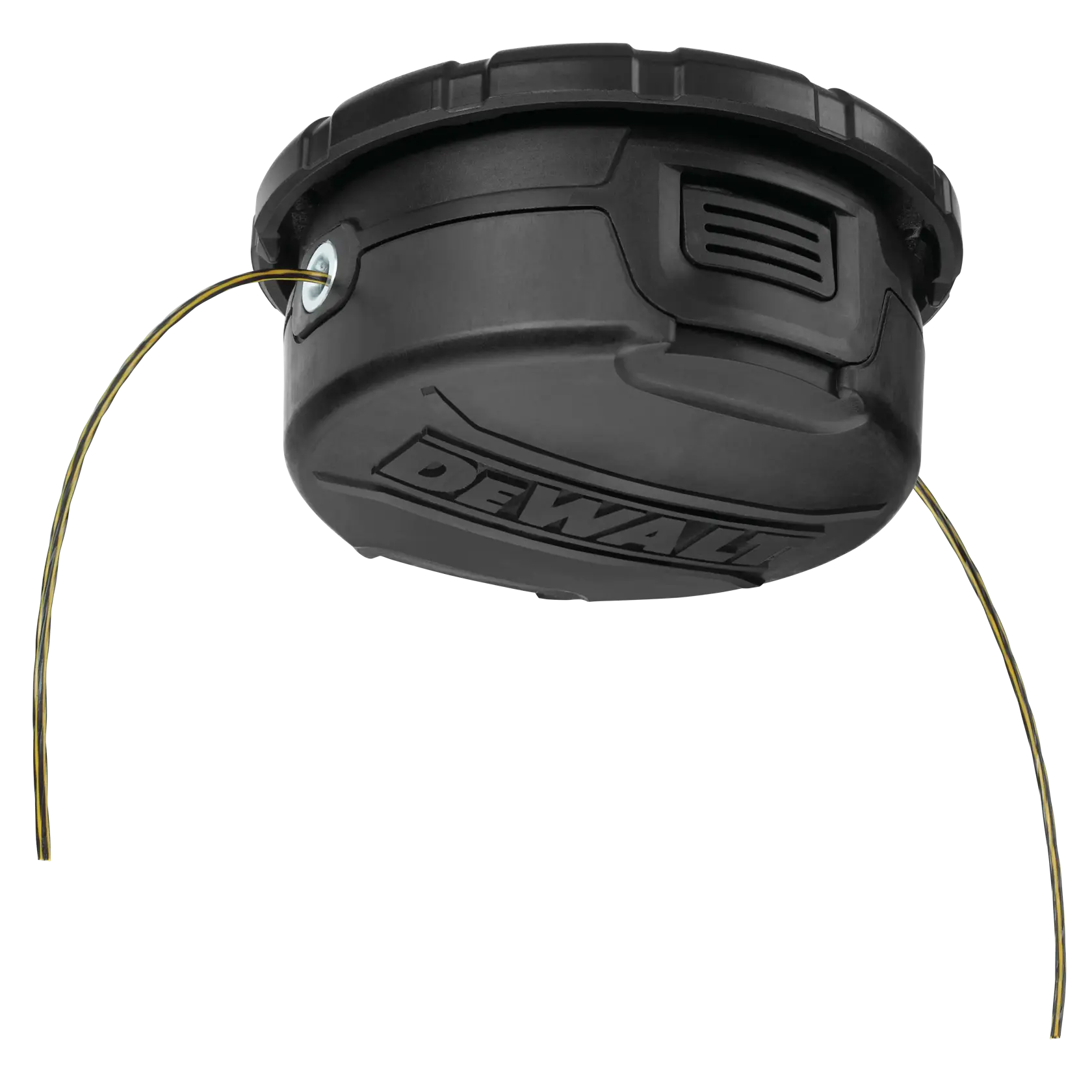 A DEWALT replacement trimmer head with attached cutting lines, shown against a white background.