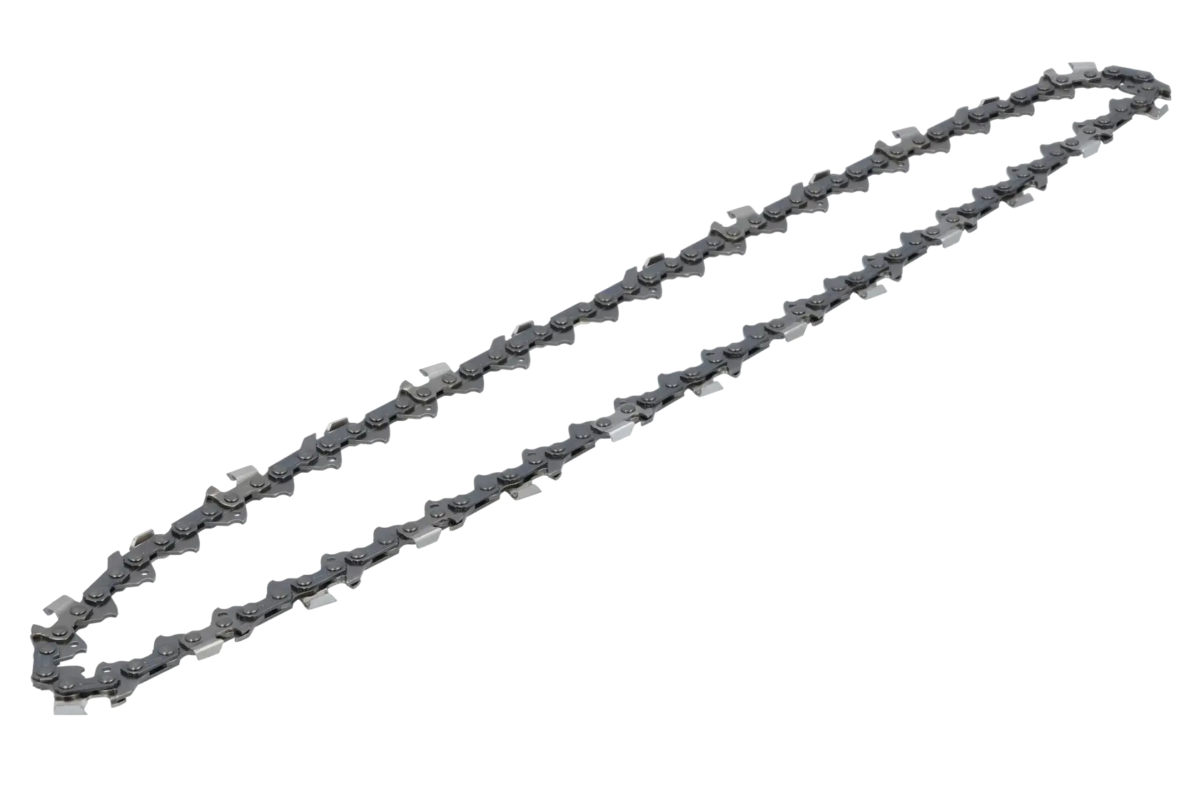 A metal chainsaw chain displayed on a white background.