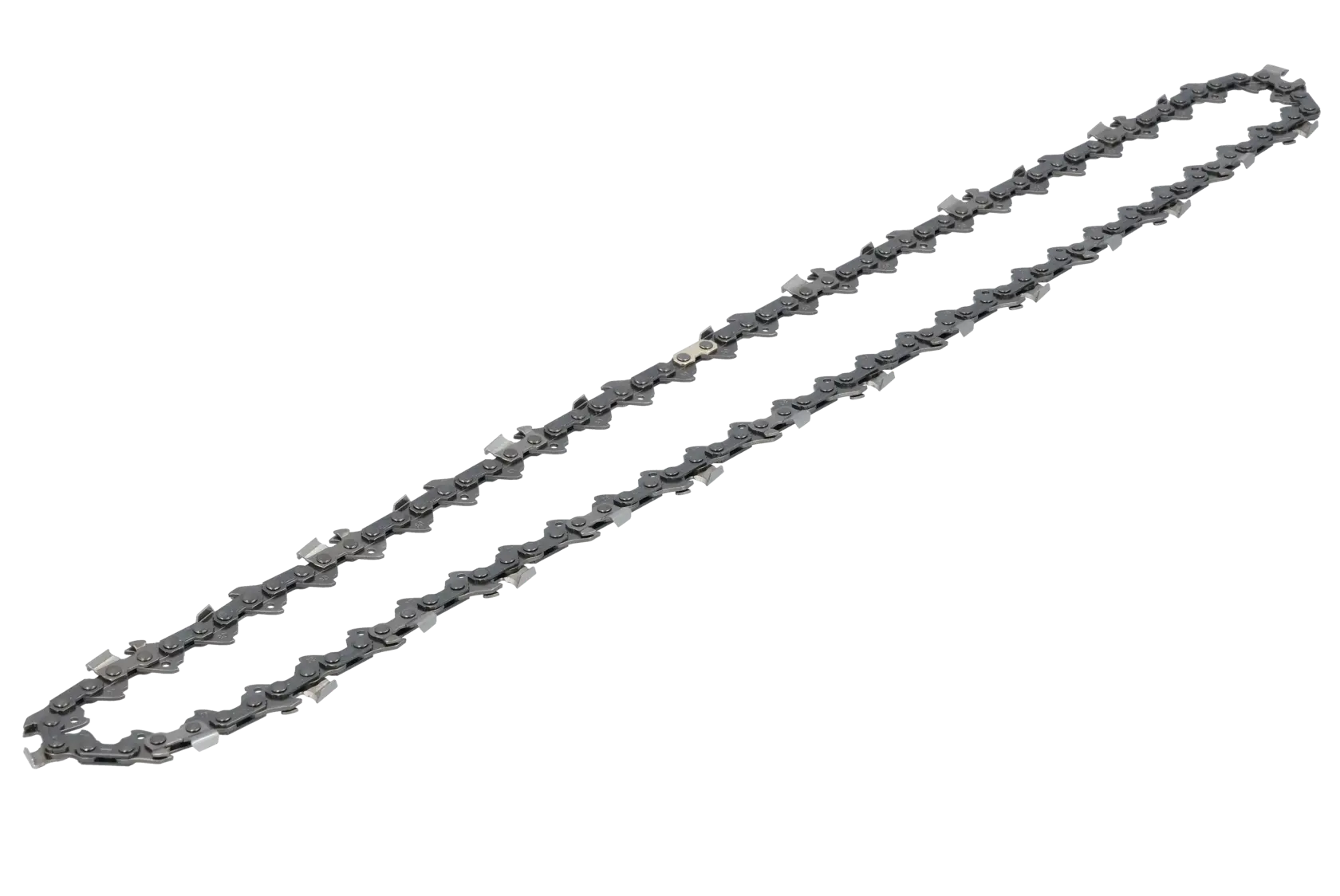 A photography product image showing a DEWALT replacement chainsaw chain laid out in an oval shape on a white background.