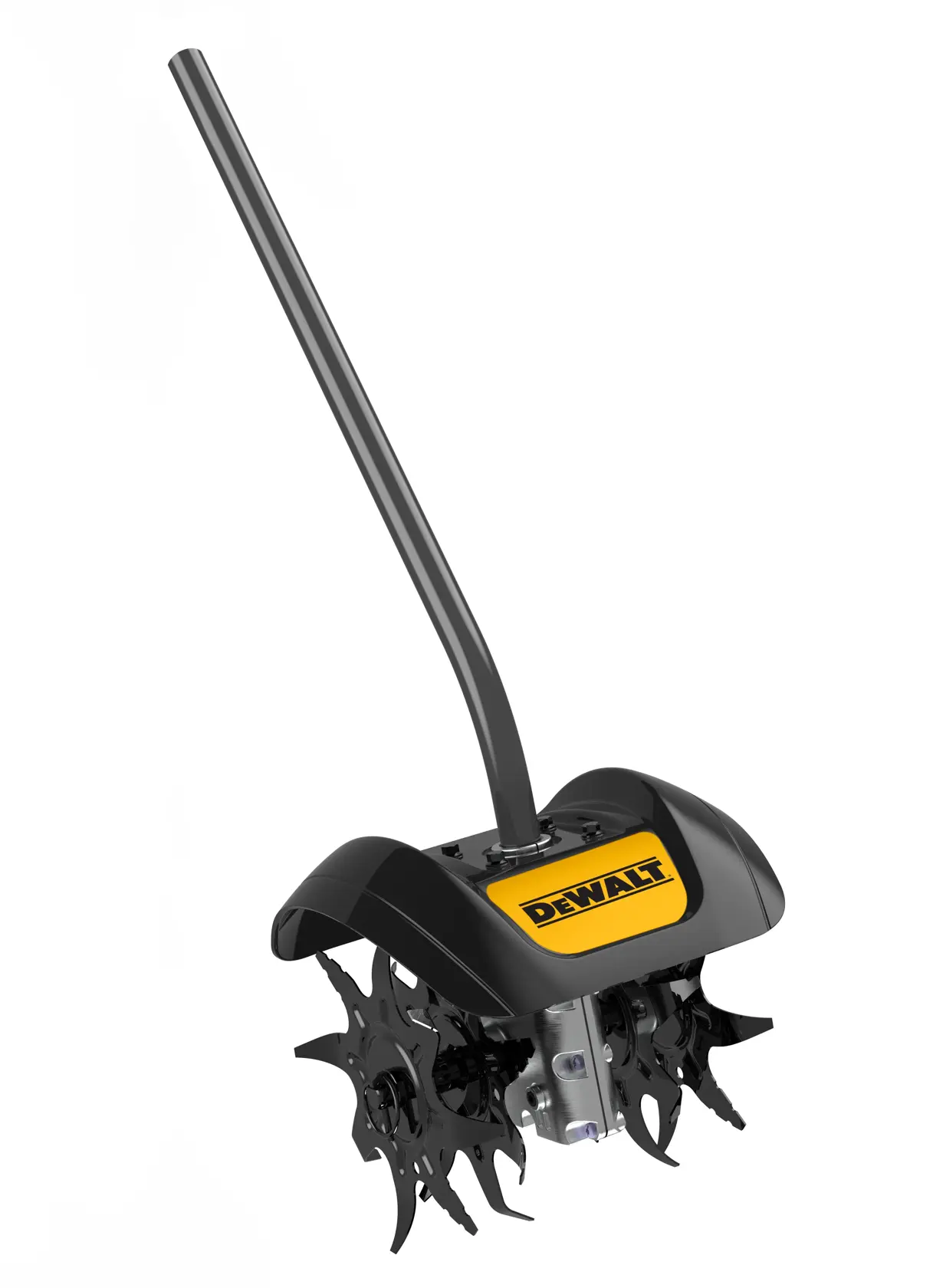 A DEWALT-branded garden cultivator attachment featuring sharp metal blades and a long handle, designed for soil tilling.