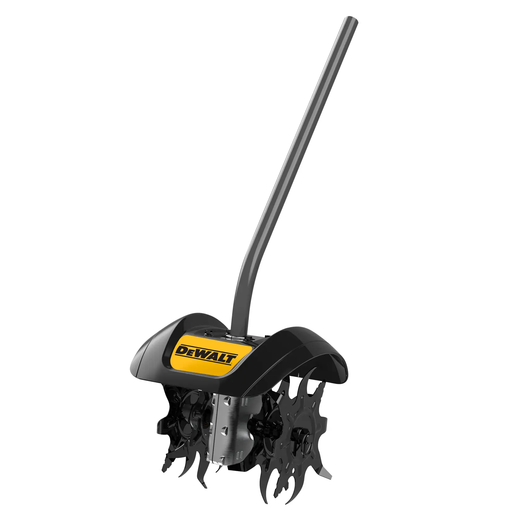 A DEWALT branded garden cultivator attachment with sharp rotating blades and a long metal handle, designed for tilling soil.