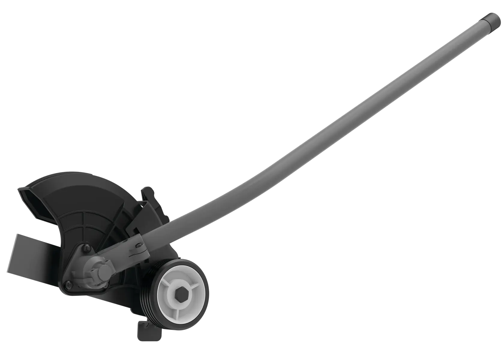 A DEWALT lawn edger attachment with a protective black shield, wheel, and a long gray handle.