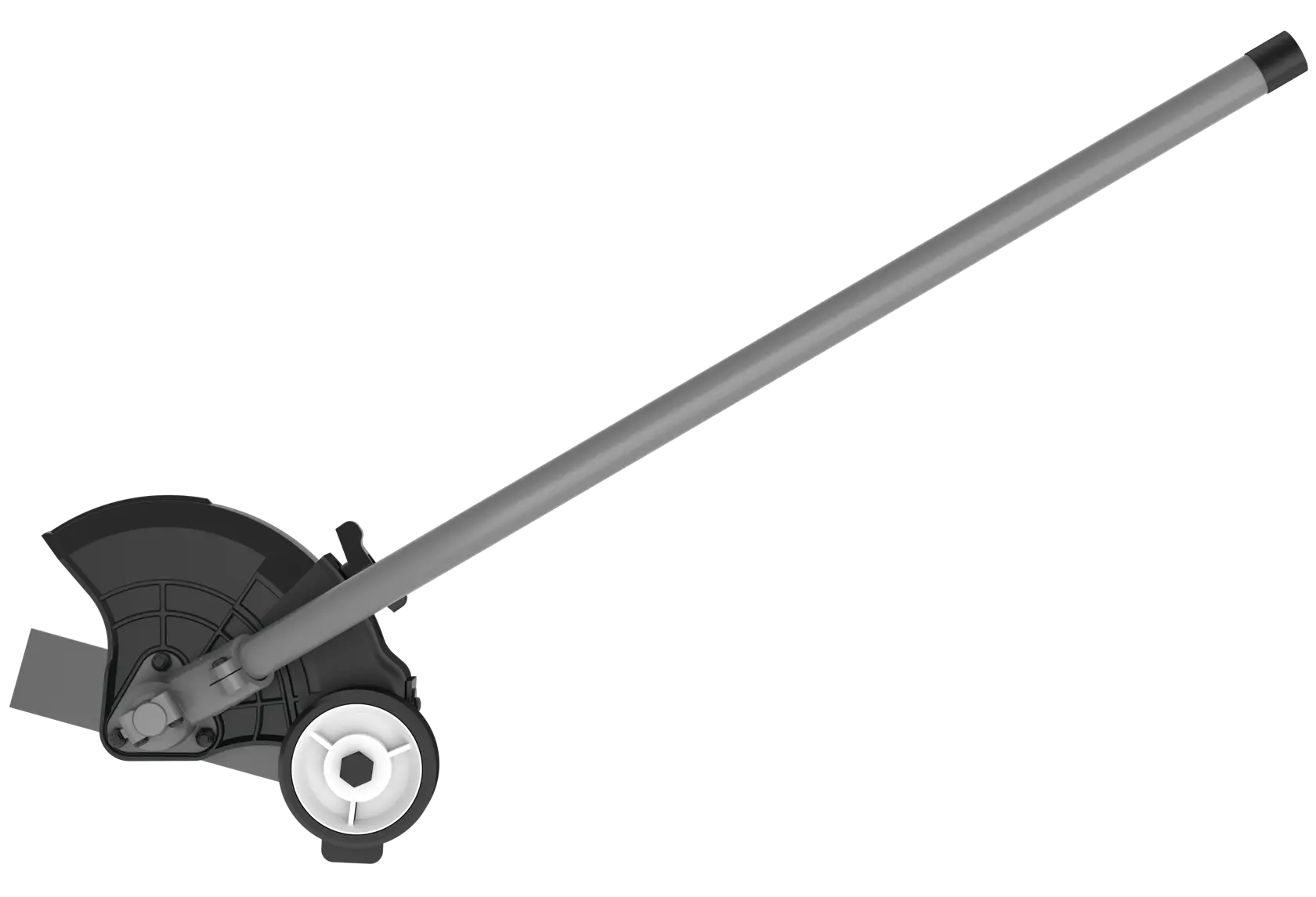 A DEWALT edger attachment with a long metal shaft, a black protective guard, and a wheel near the cutting blade. The attachment is used for lawn edging.