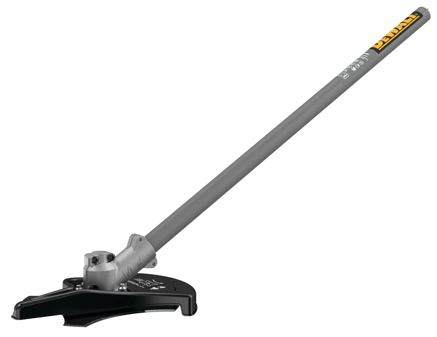 A DEWALT-branded gray metal brush cutter attachment, shown on a white background. The attachment features a long handle and a protective guard near the cutting head.