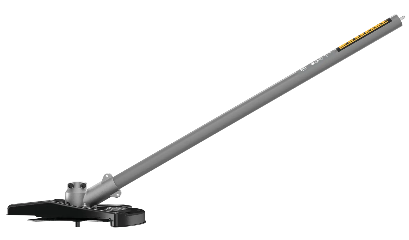 A DEWALT brush cutter attachment with a grey metal shaft and black cutting head, designed for outdoor landscaping tools.