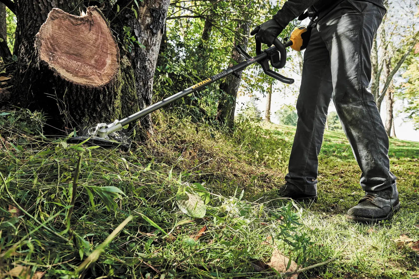 A person using a DEWALT brush cutter to trim grass and weeds around a tree stump outdoors, wearing protective gloves and pants.