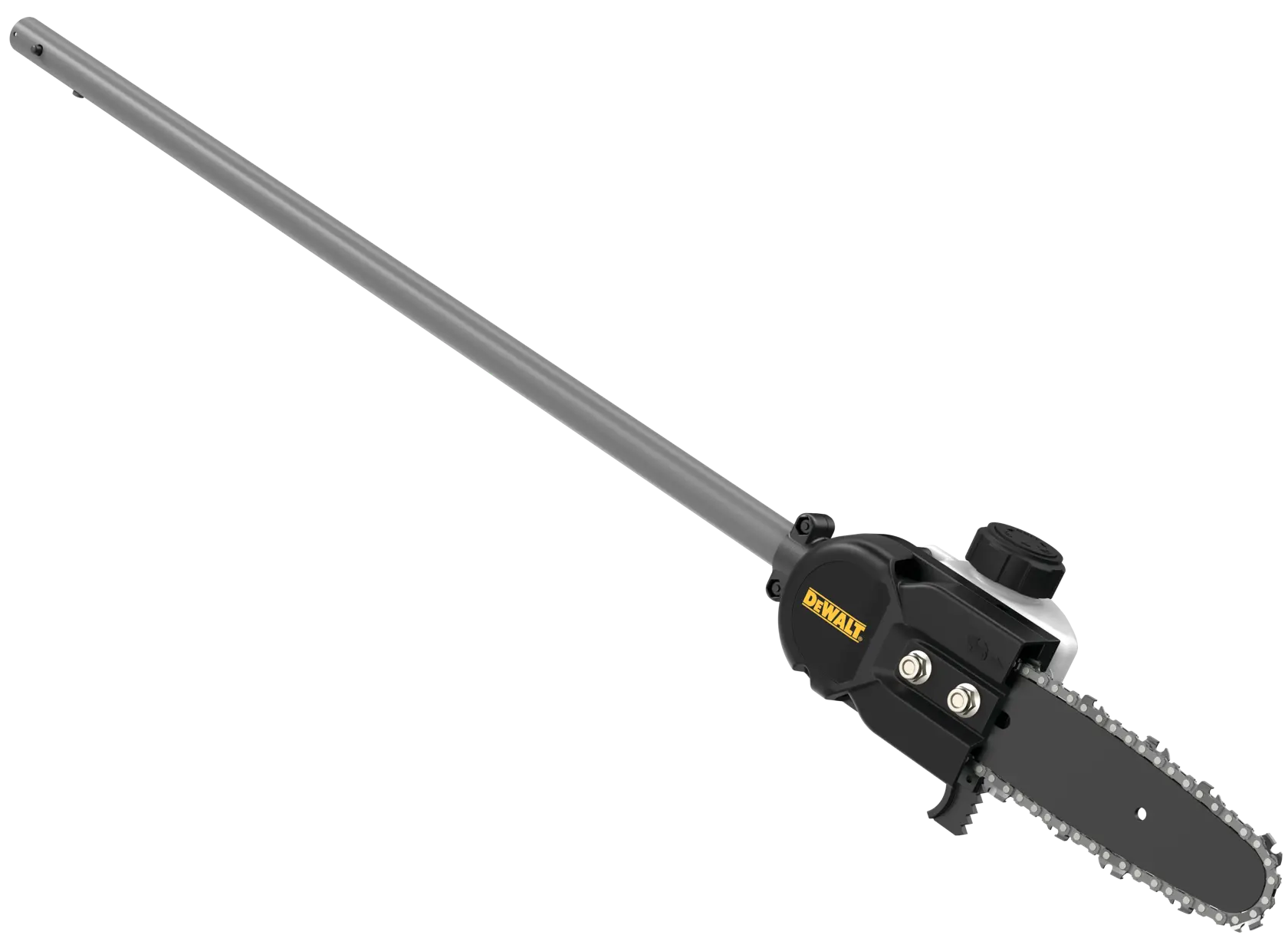 A DEWALT pole saw attachment with a long metal pole and a small chainsaw head, designed for trimming tree branches.