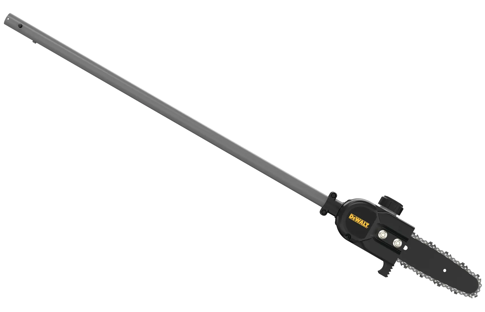 A DEWALT pole saw attachment with a long grey shaft and a black chainsaw head, designed for pruning and trimming branches.