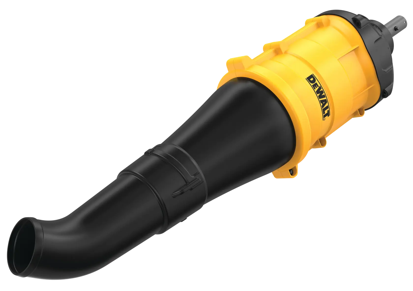 A DEWALT branded black and yellow blower attachment, featuring a tapered nozzle and connector, designed for easy installation on compatible power tools.