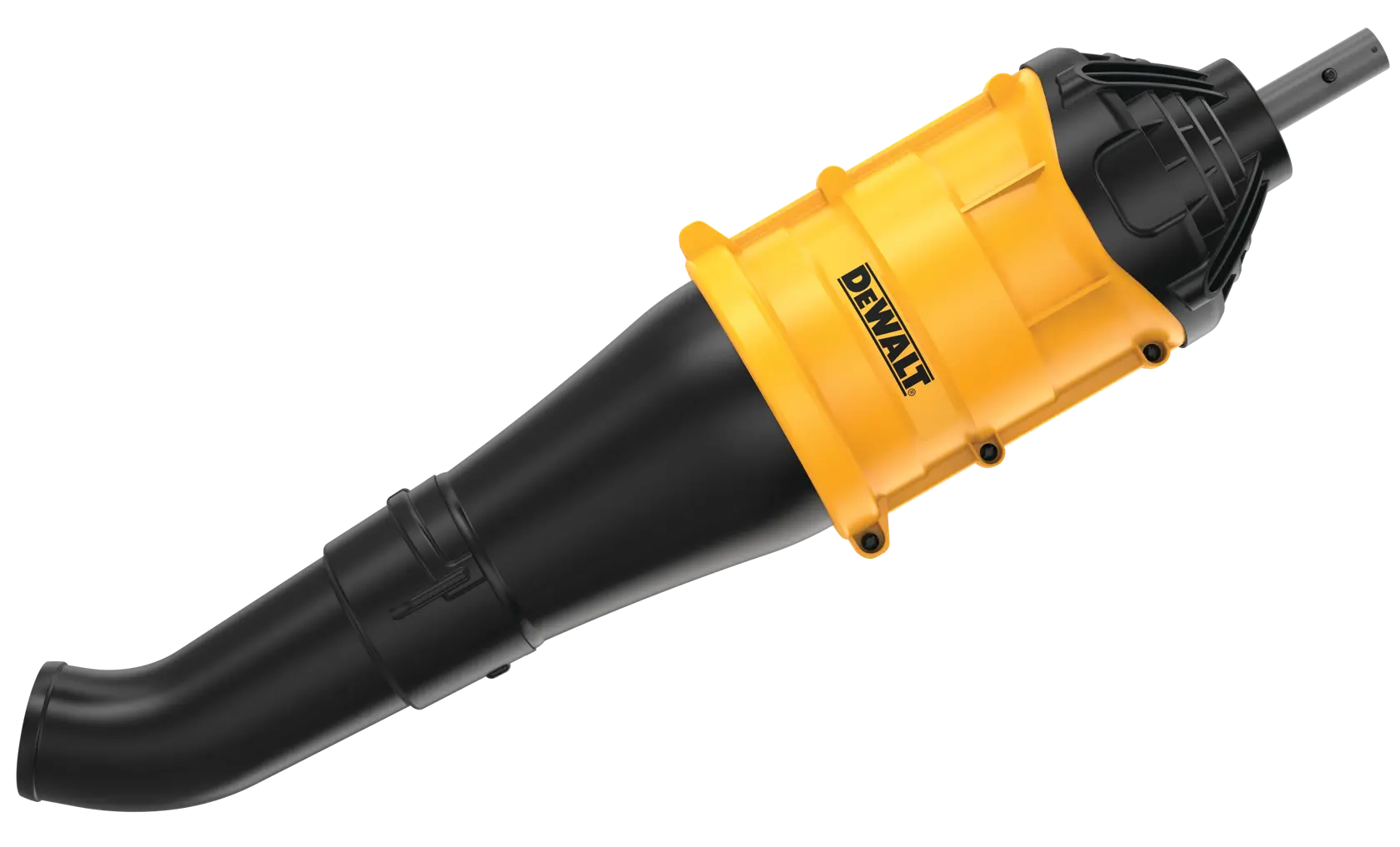A DEWALT blower attachment with a black and yellow design, featuring a curved nozzle and a connecting shaft.