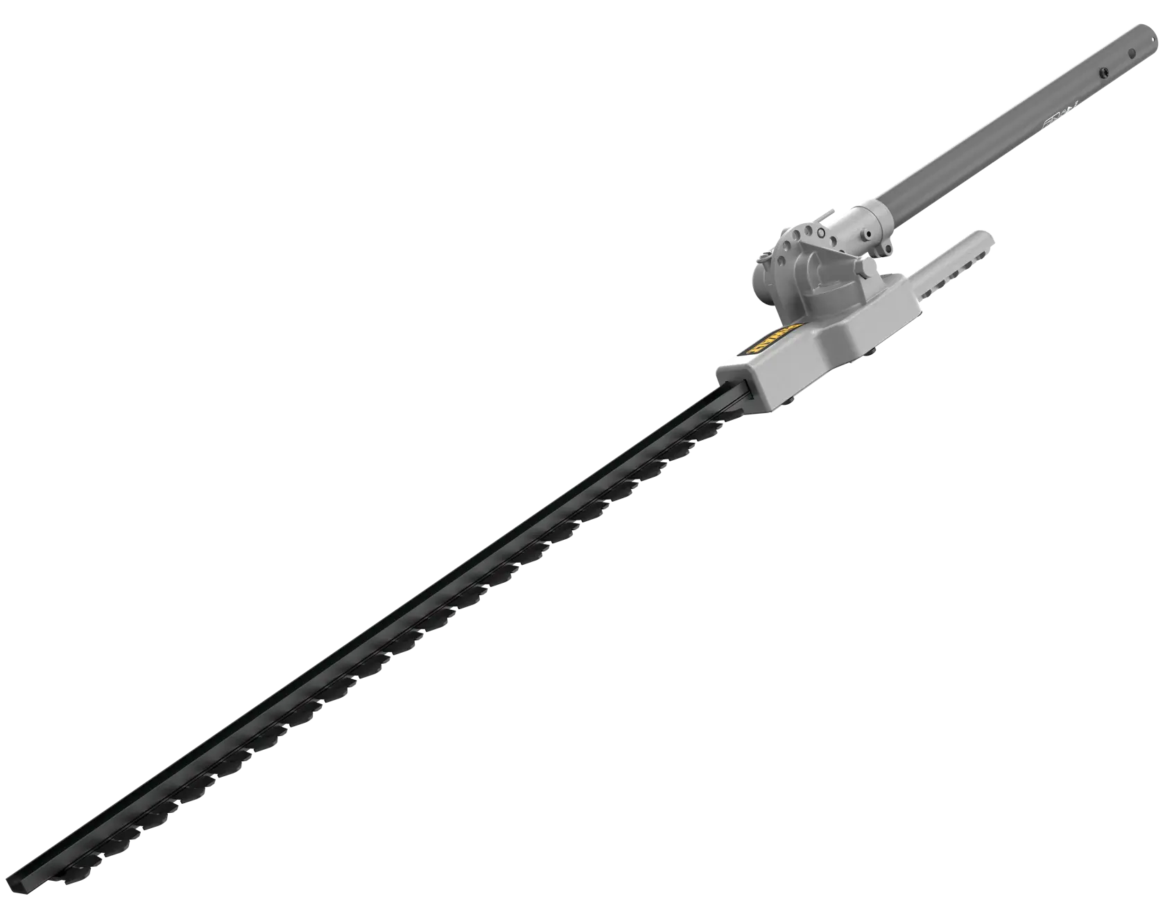 DEWALT pole hedge trimmer attachment with a long black cutting blade and gray handle, isolated on a white background.