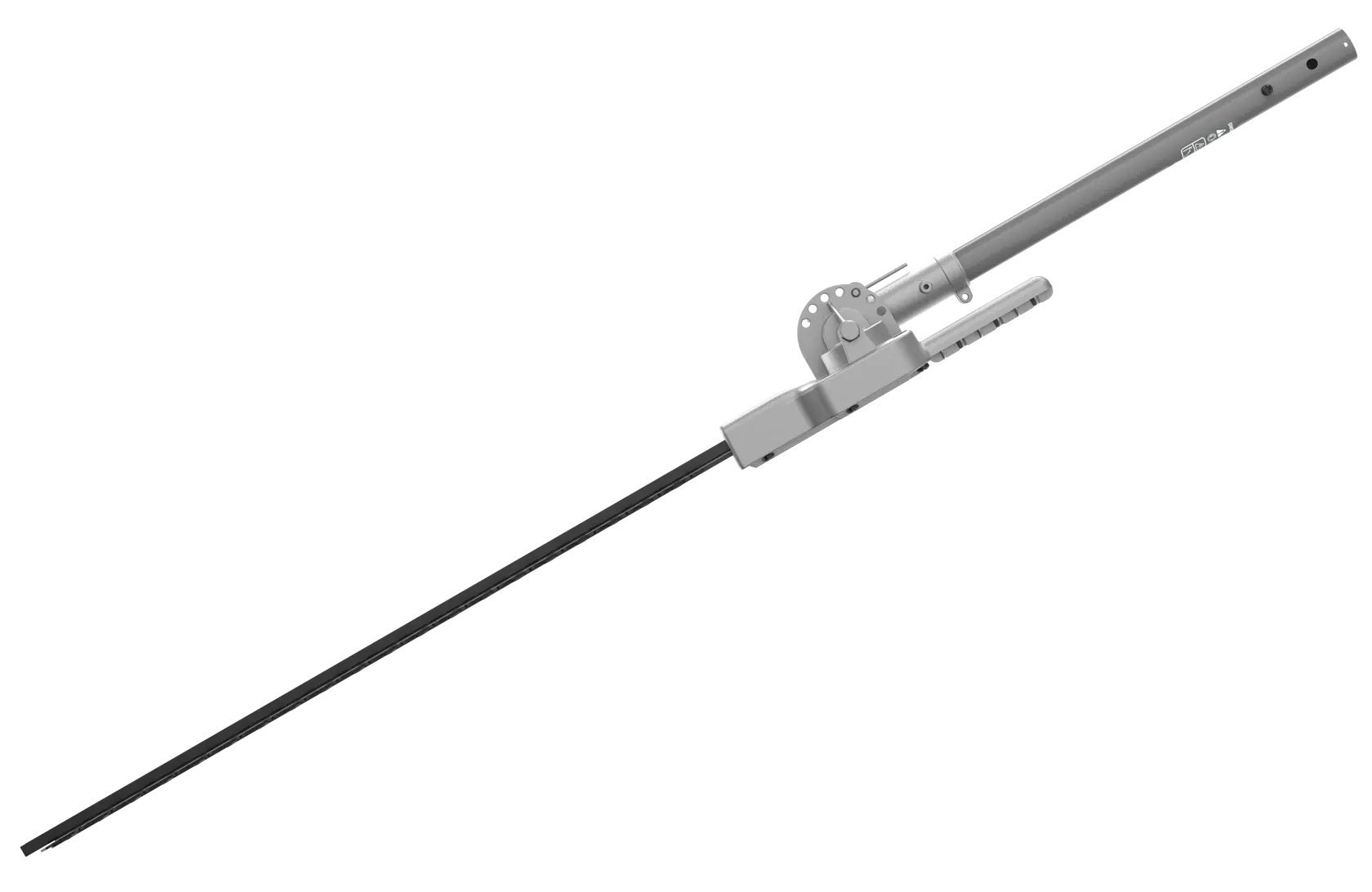 A DEWALT-branded pole hedge trimmer attachment with a long black blade and silver handle, designed for trimming tall hedges.