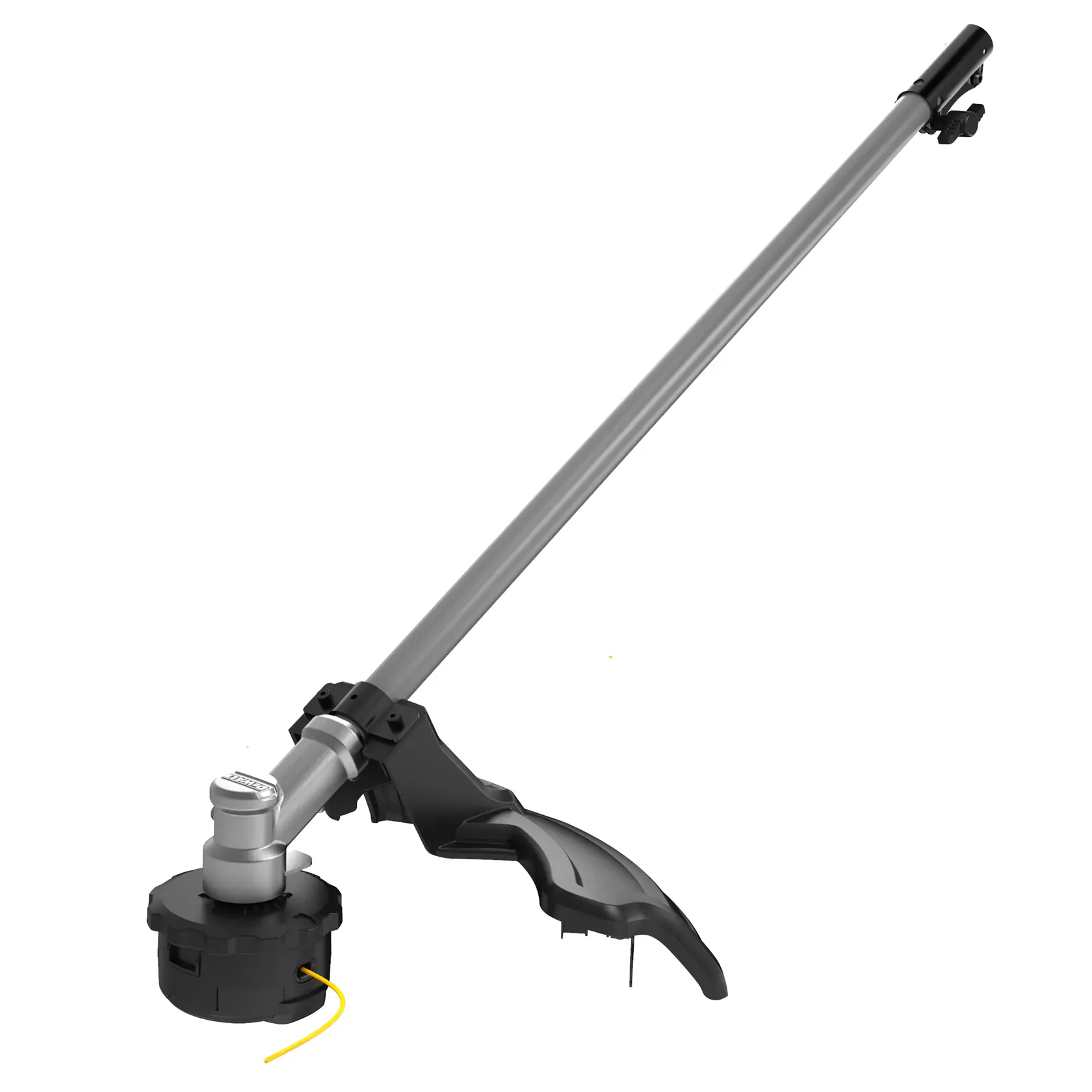 A DEWALT string trimmer attachment with a long metal shaft, black plastic guard, and a cutting head with yellow trimmer line, displayed on a white background.