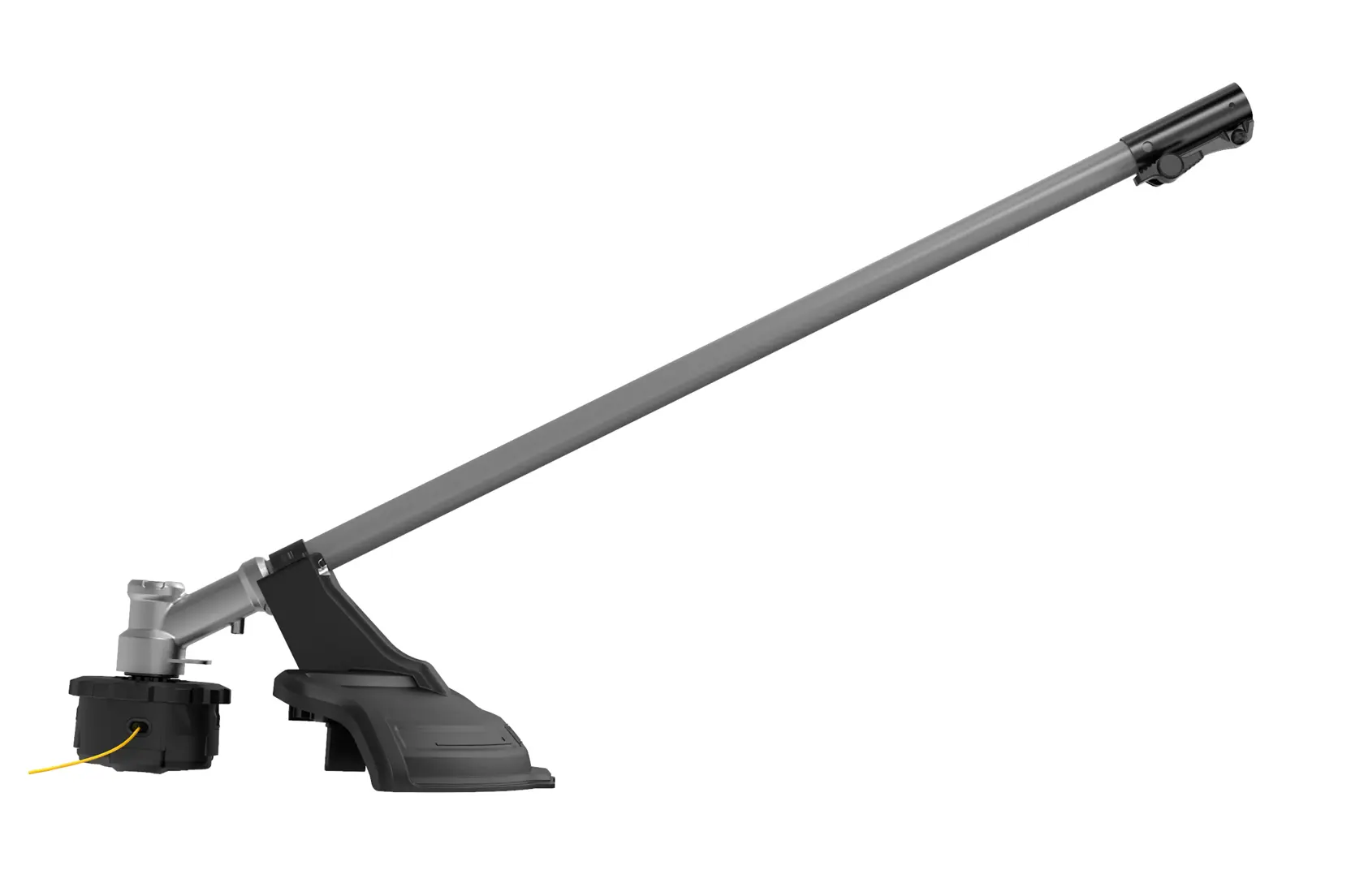 A DEWALT string trimmer attachment with a long gray shaft and black trimming head, designed for lawn and garden care.