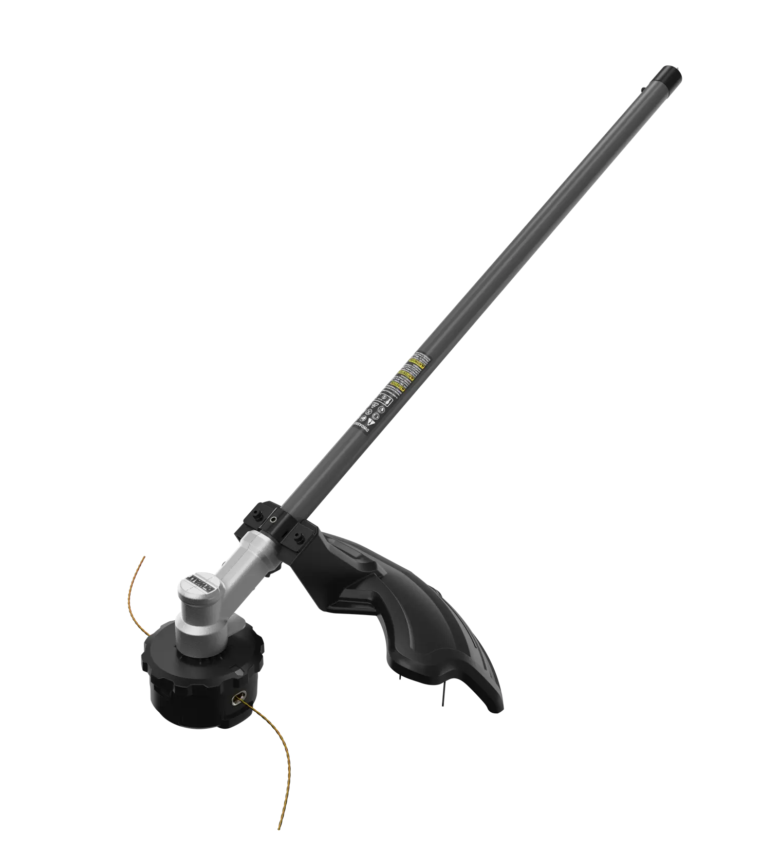 A DEWALT string trimmer attachment with a straight shaft, black protective guard, and dual nylon cutting lines.