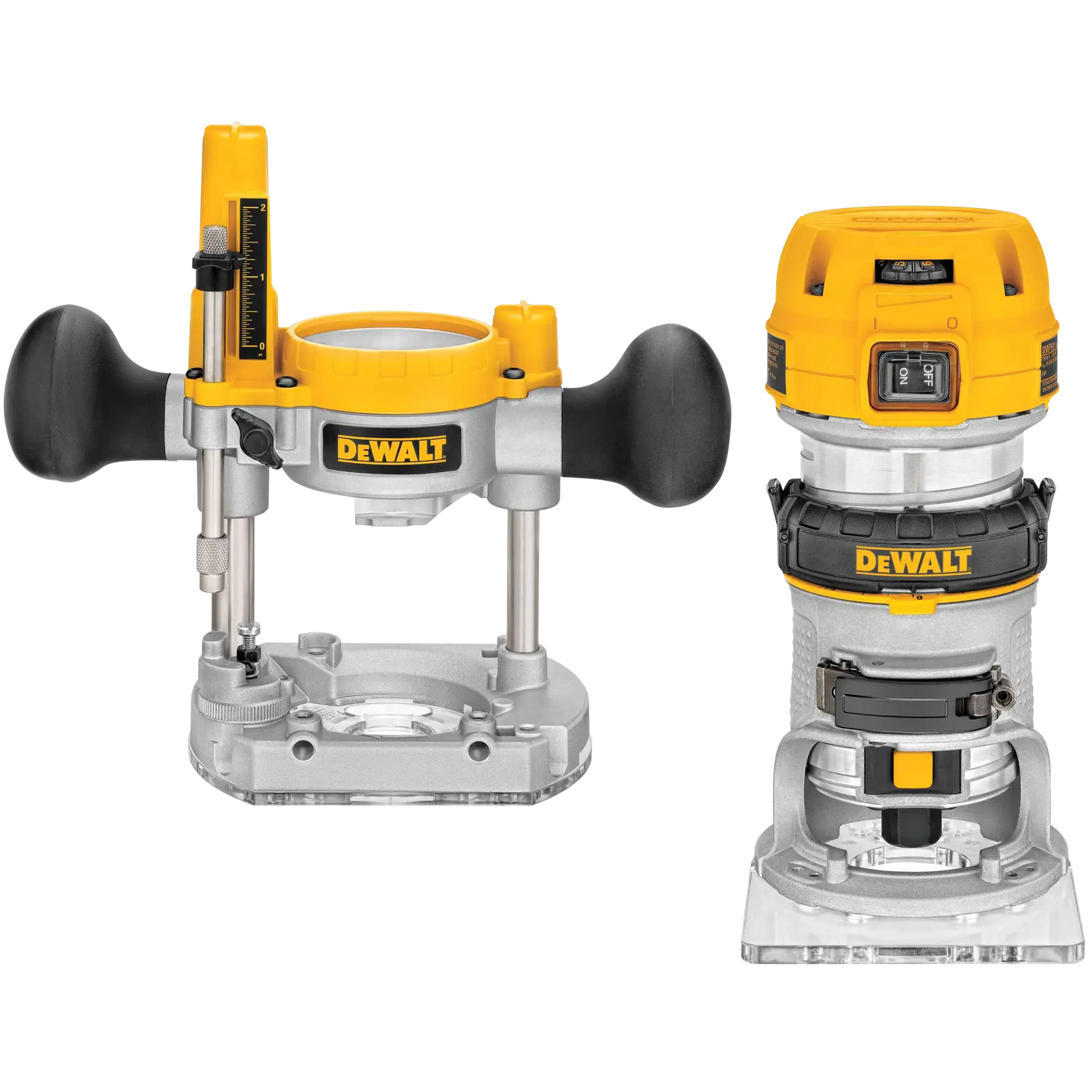 Two DEWALT woodworking tools are shown: a plunge router on the left with black handles and a yellow top, and a fixed base router on the right with a yellow and black design. Both tools are made of metal and plastic and used for precision wood shaping.