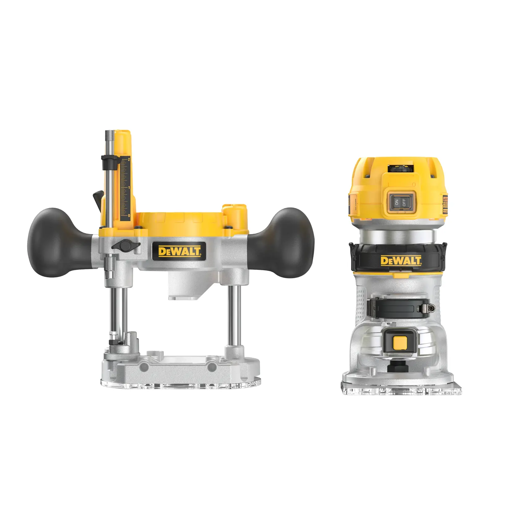 Two DEWALT woodworking router tools, showing a plunge router base on the left and a fixed base router on the right, both with yellow and black detailing and metal components.