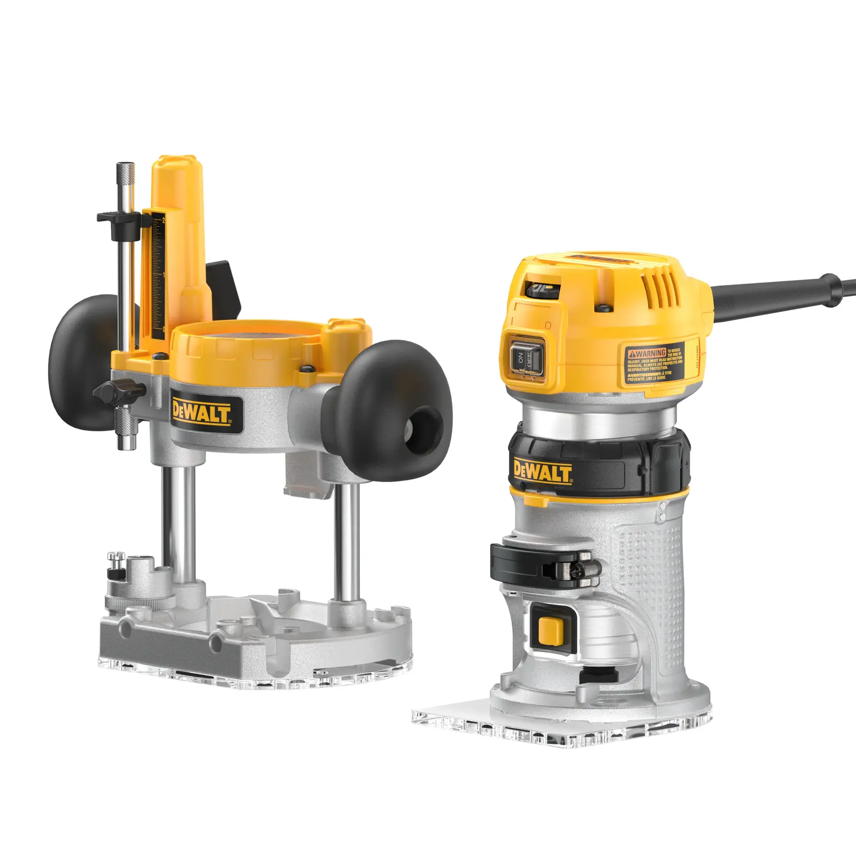 Two DEWALT woodworking router tools are shown. One is a plunge base router with black handles and yellow top, and the other is a compact fixed base router with a yellow motor housing, both displayed side by side.
