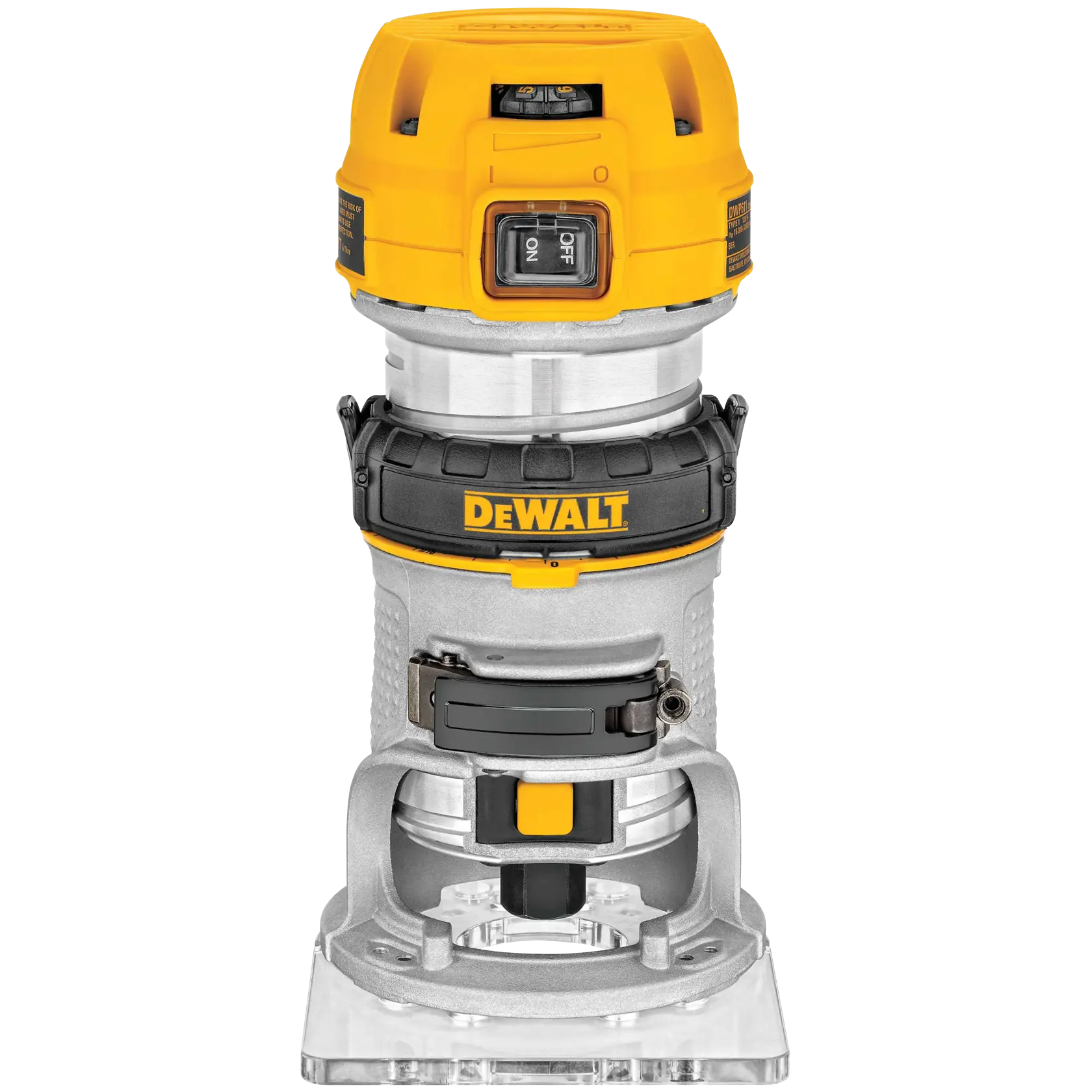 A close-up image of a DEWALT palm router, featuring a yellow and silver body with a clear base and visible on/off switch.