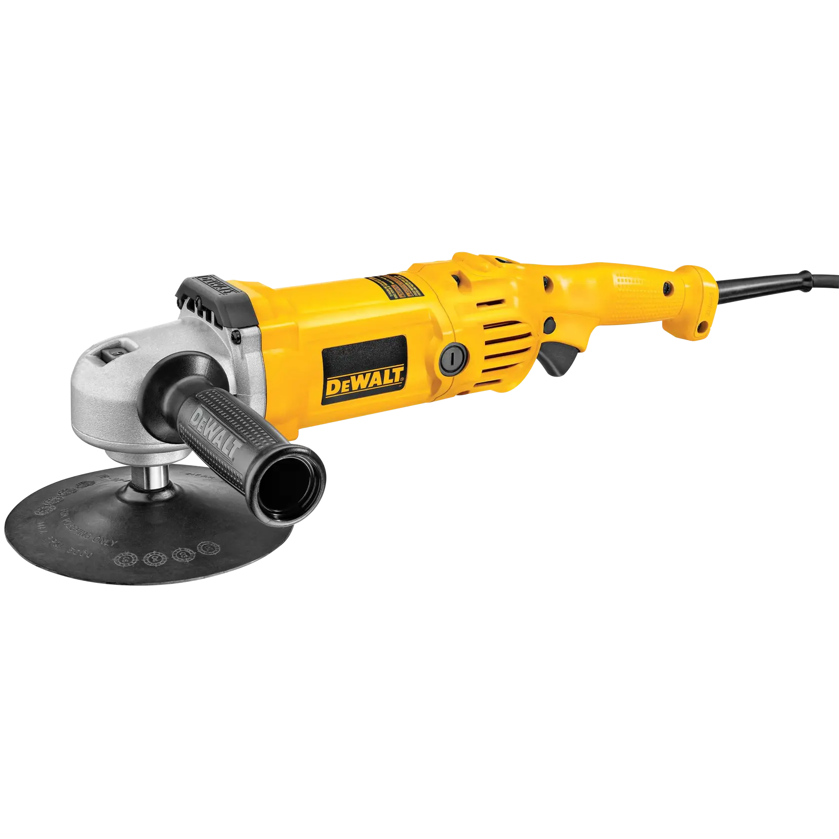 A DEWALT DWP849 electric polisher with a yellow and black body and a side handle, used for polishing surfaces.
