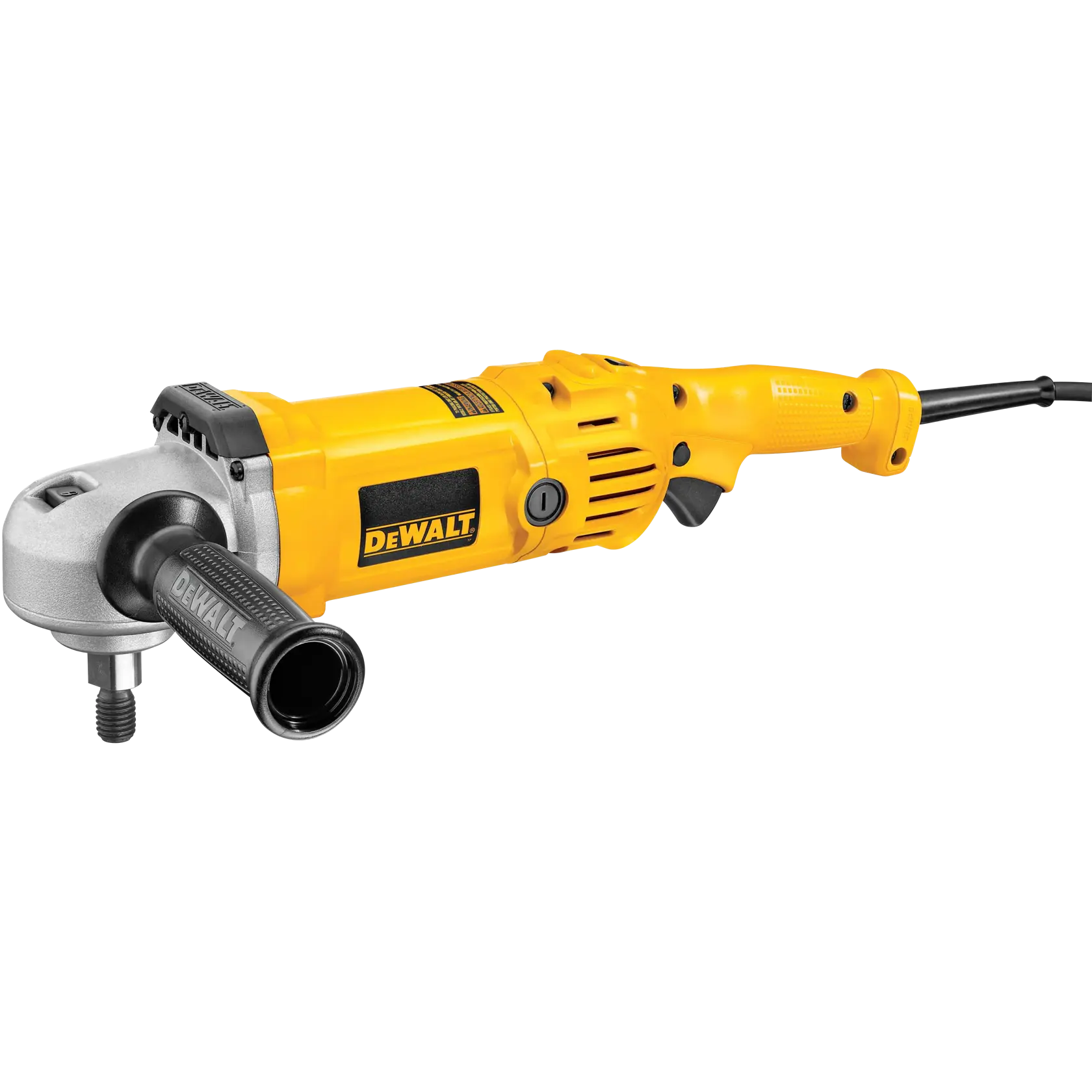 A DEWALT DWP849 electric polisher with a yellow body and a side handle, designed for professional polishing applications.
