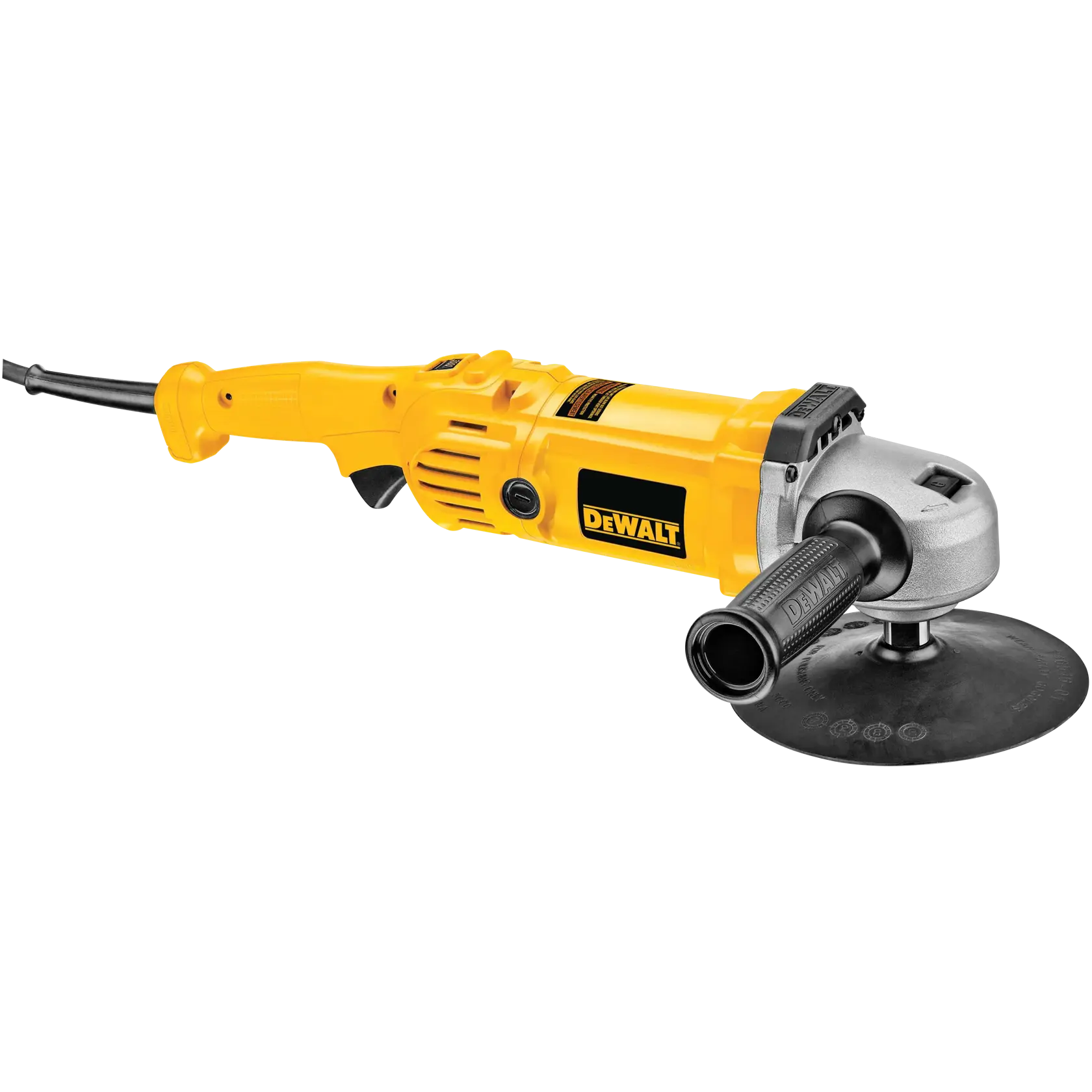 A yellow DEWALT electric polisher with a black handle and a circular polishing pad, shown against a white background.
