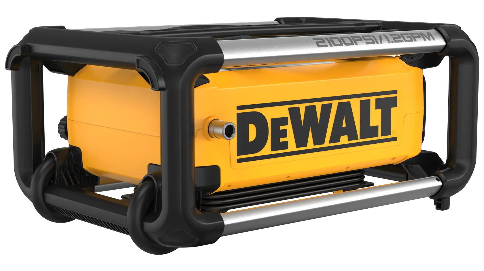 A DEWALT branded yellow and black portable pressure washer with sturdy protective framing, labeled with specifications '2100 PSI / 1.2 GPM'.