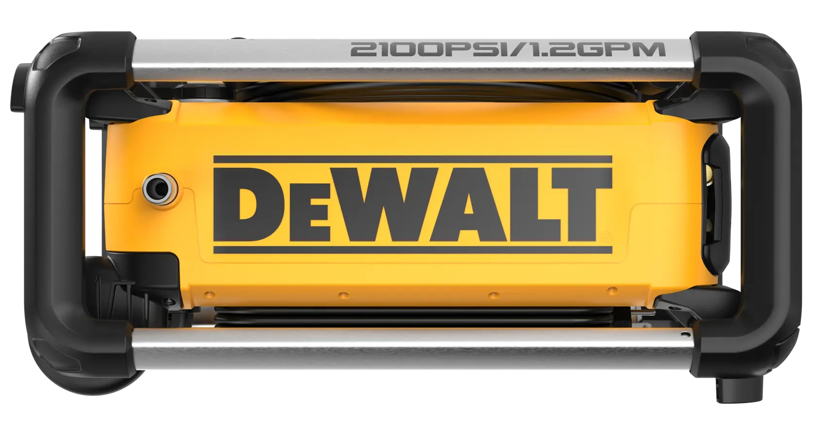Front view of a DEWALT electric pressure washer with a yellow body, black handles, and metal frame. The label shows '2100 PSI / 1.2 GPM'.