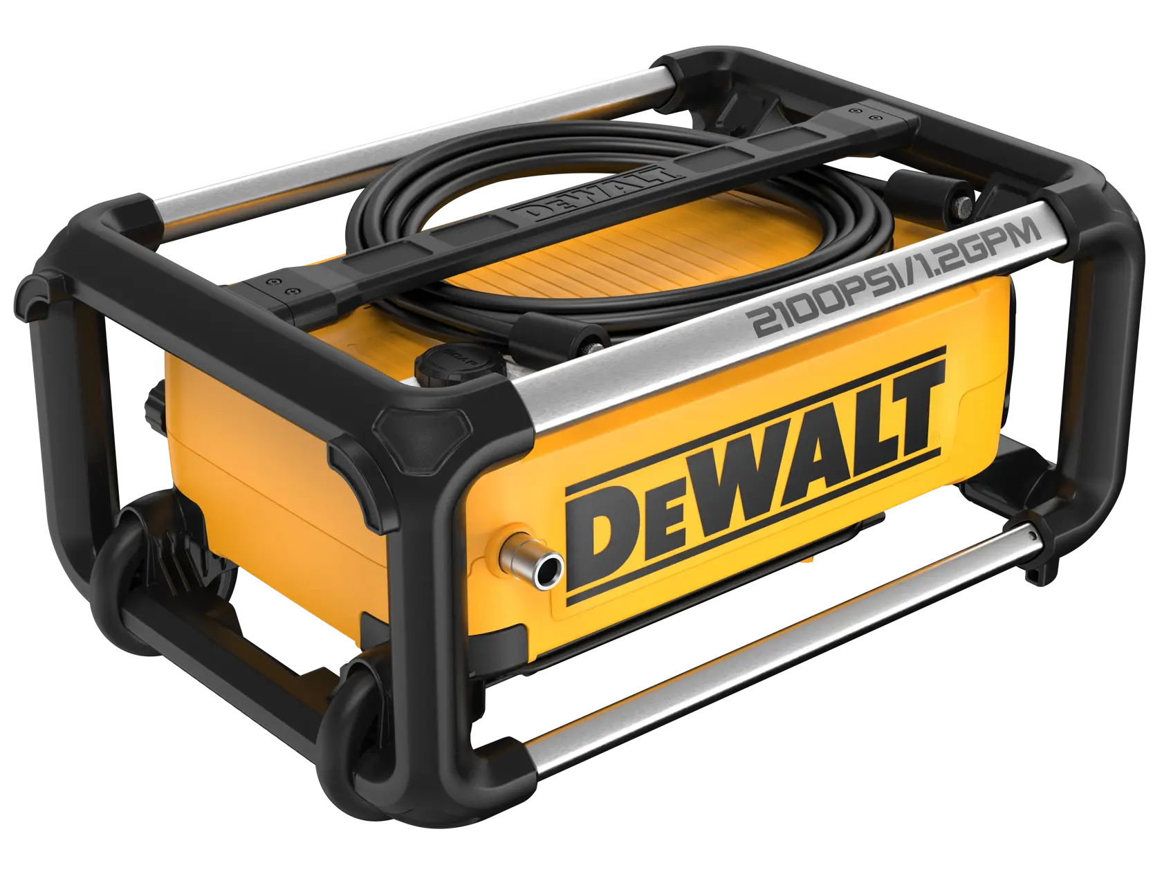 DEWALT 2100 PSI portable pressure washer with a sturdy frame, coiled hose on top, and prominent yellow and black branding.
