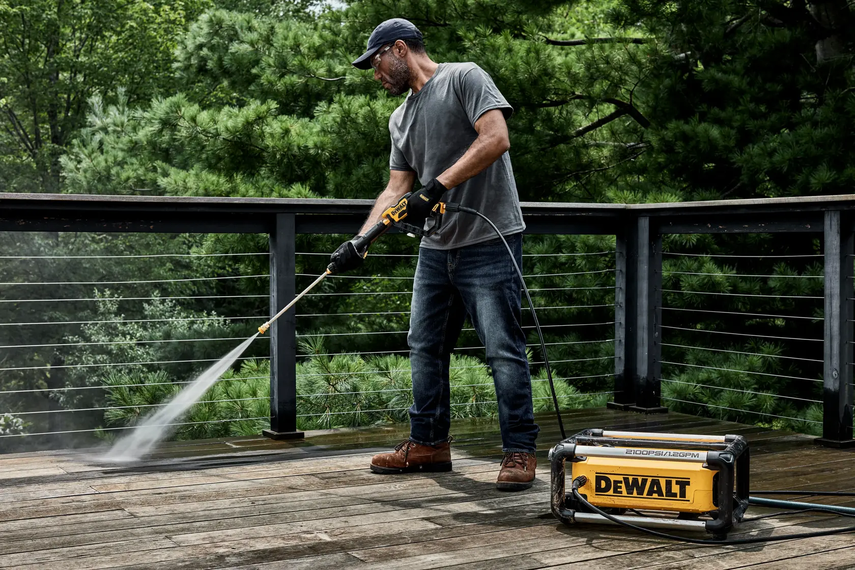 A person using a DEWALT pressure washer to clean a wooden deck outdoors. The pressure washer unit is placed on the deck, and the person is wearing gloves, jeans, a t-shirt, and a cap. There are green trees in the background.