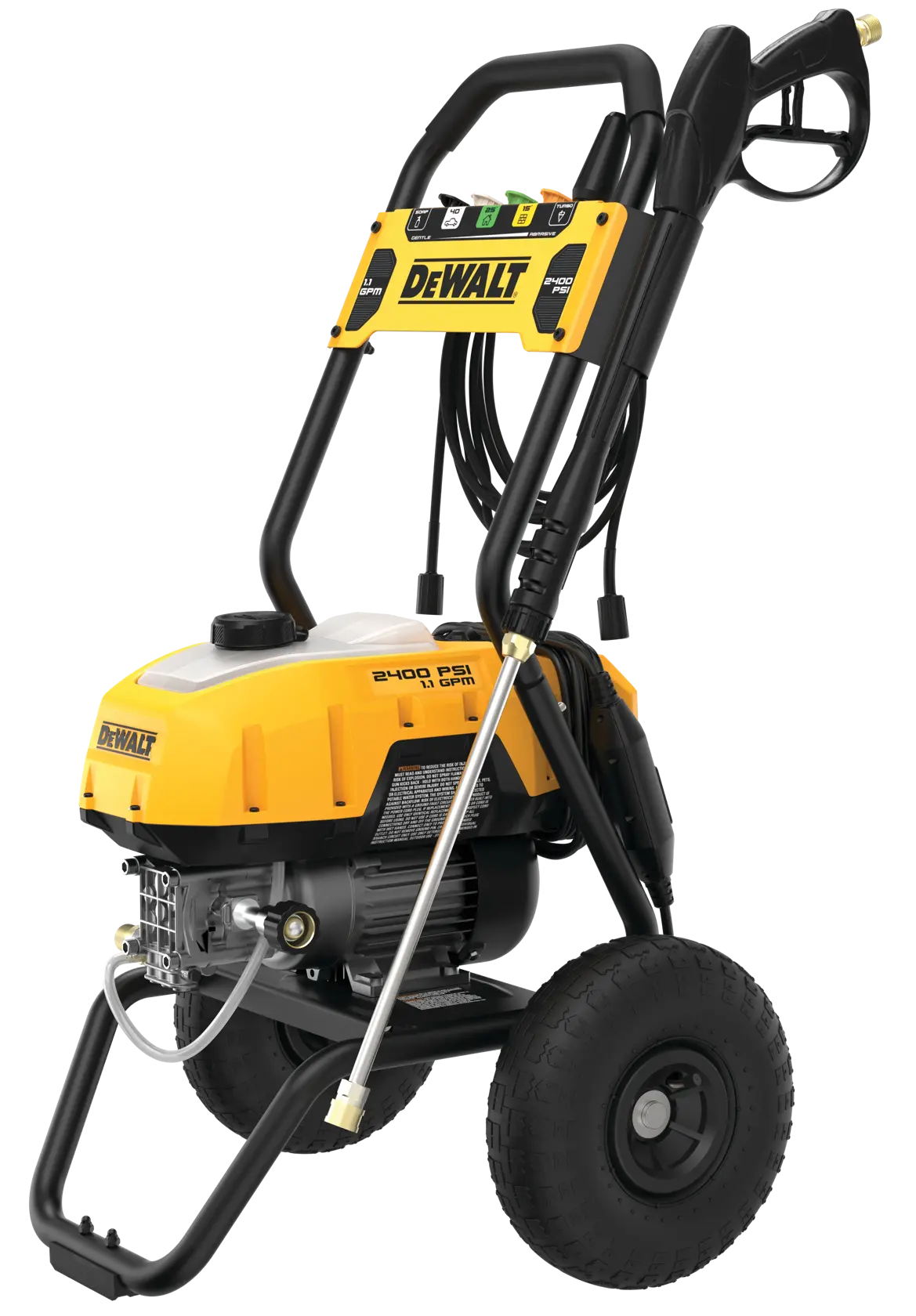 A DEWALT DWPW2400 pressure washer with a yellow and black design, featuring sturdy wheels, a handle, hose, and spray wand, suitable for heavy-duty outdoor cleaning.