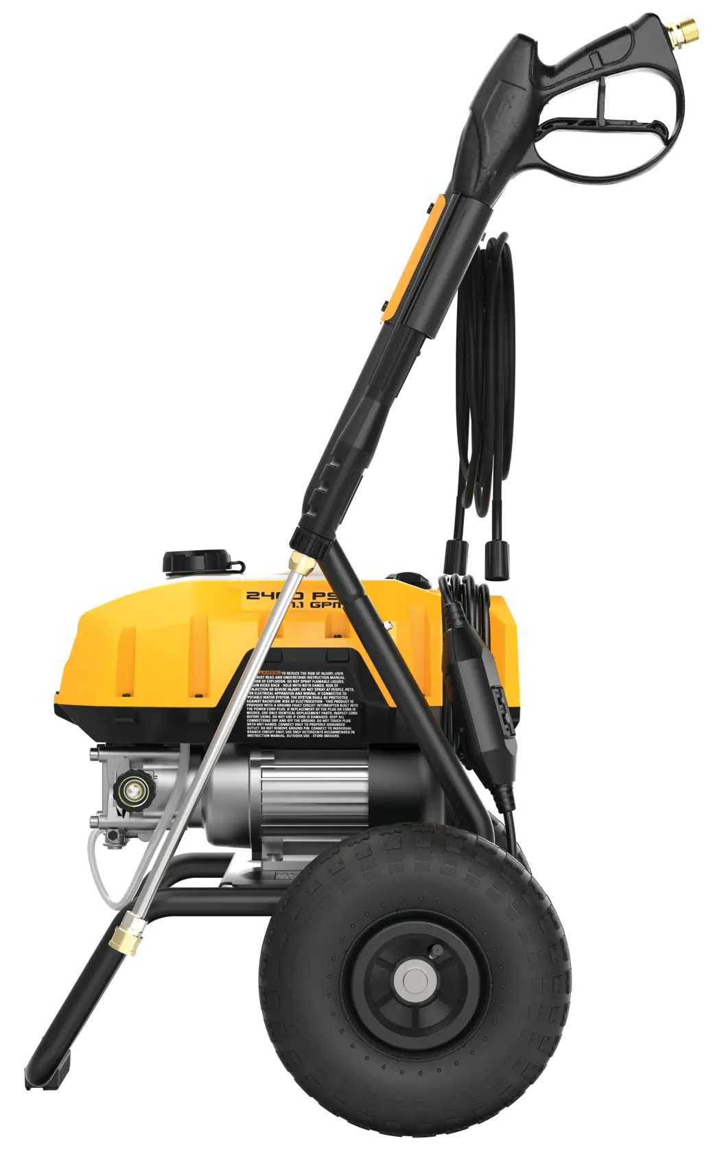 Side view of a DEWALT DWPW2400 electric pressure washer with a yellow housing, black handle, and large wheels.