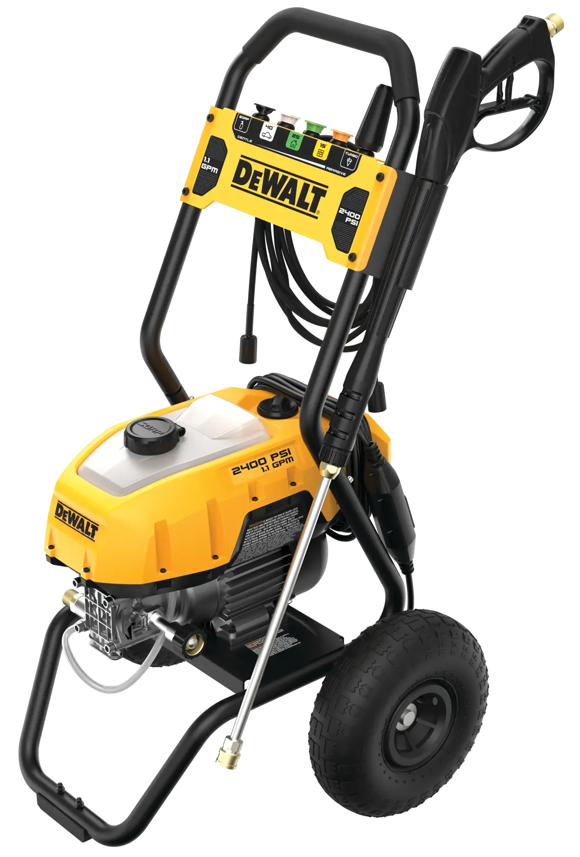 A DEWALT 2400 PSI pressure washer with a yellow and black frame, large wheels, a hose, and a control panel on top. The unit is portable and designed for outdoor cleaning tasks.
