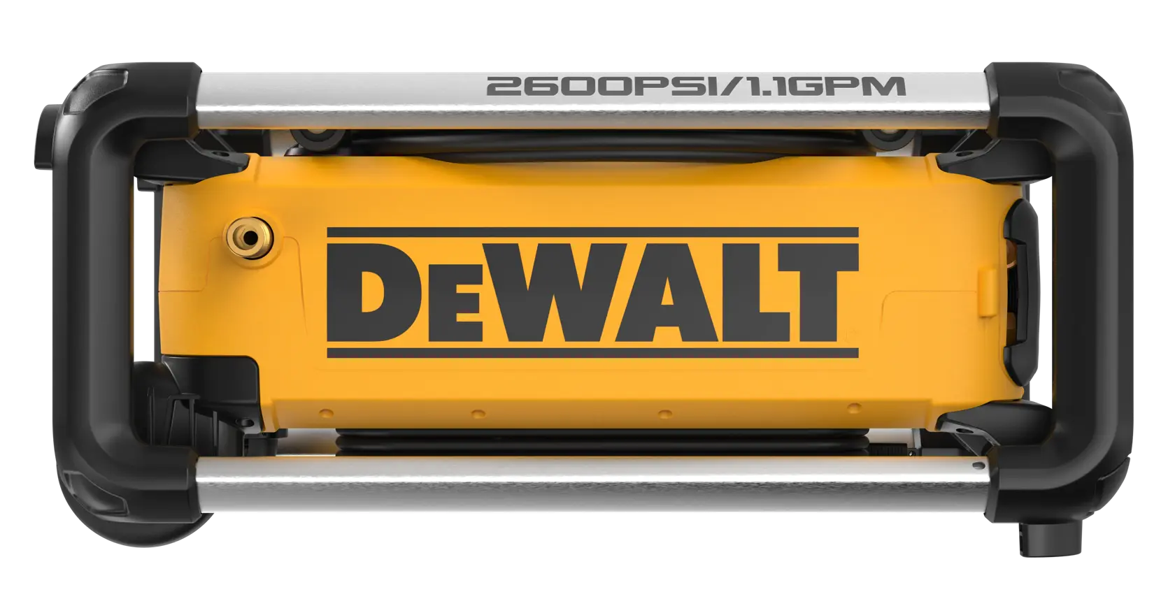 Top view of a yellow DEWALT power tool with protective framing, showing the DEWALT logo and specifications '2600 PSI / 1.1 GPM' on a silver bar.