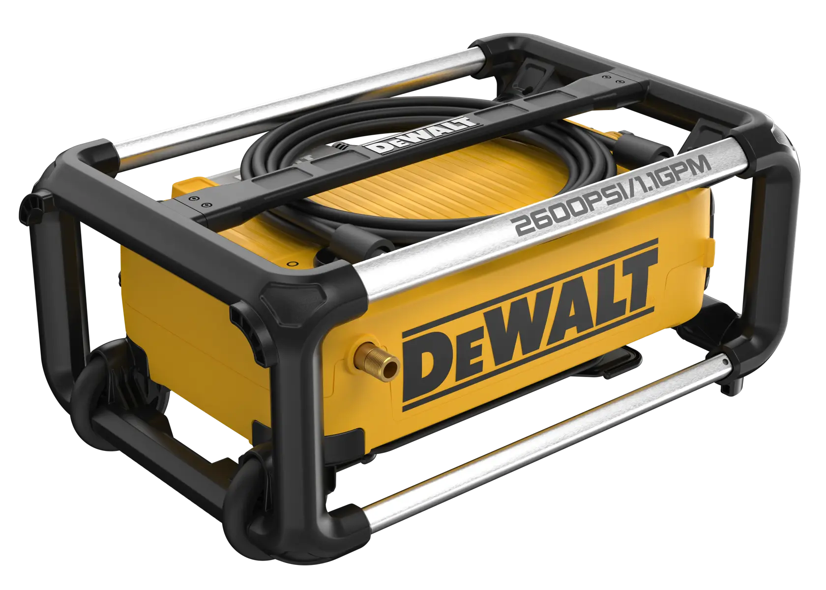 A DEWALT portable pressure washer unit with a robust black and yellow casing, metal protection bars, and coiled hose on top. The unit displays '2600 PSI / 1.1 GPM' on the frame.