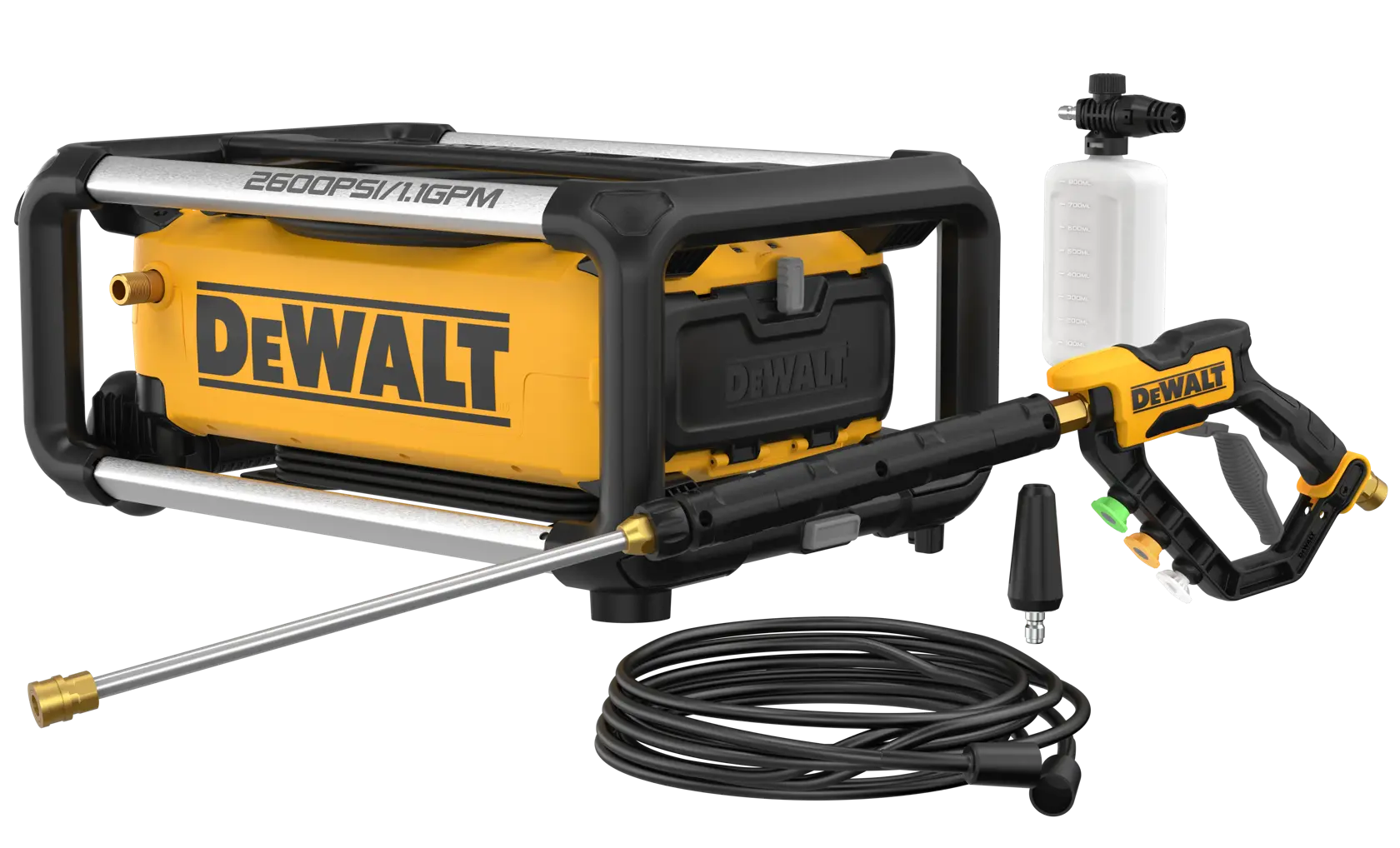 A DEWALT 2600 PSI electric pressure washer with accessories, including a spray gun, hose, nozzle attachments, and a detergent bottle. The unit is predominantly yellow and black with a durable frame.