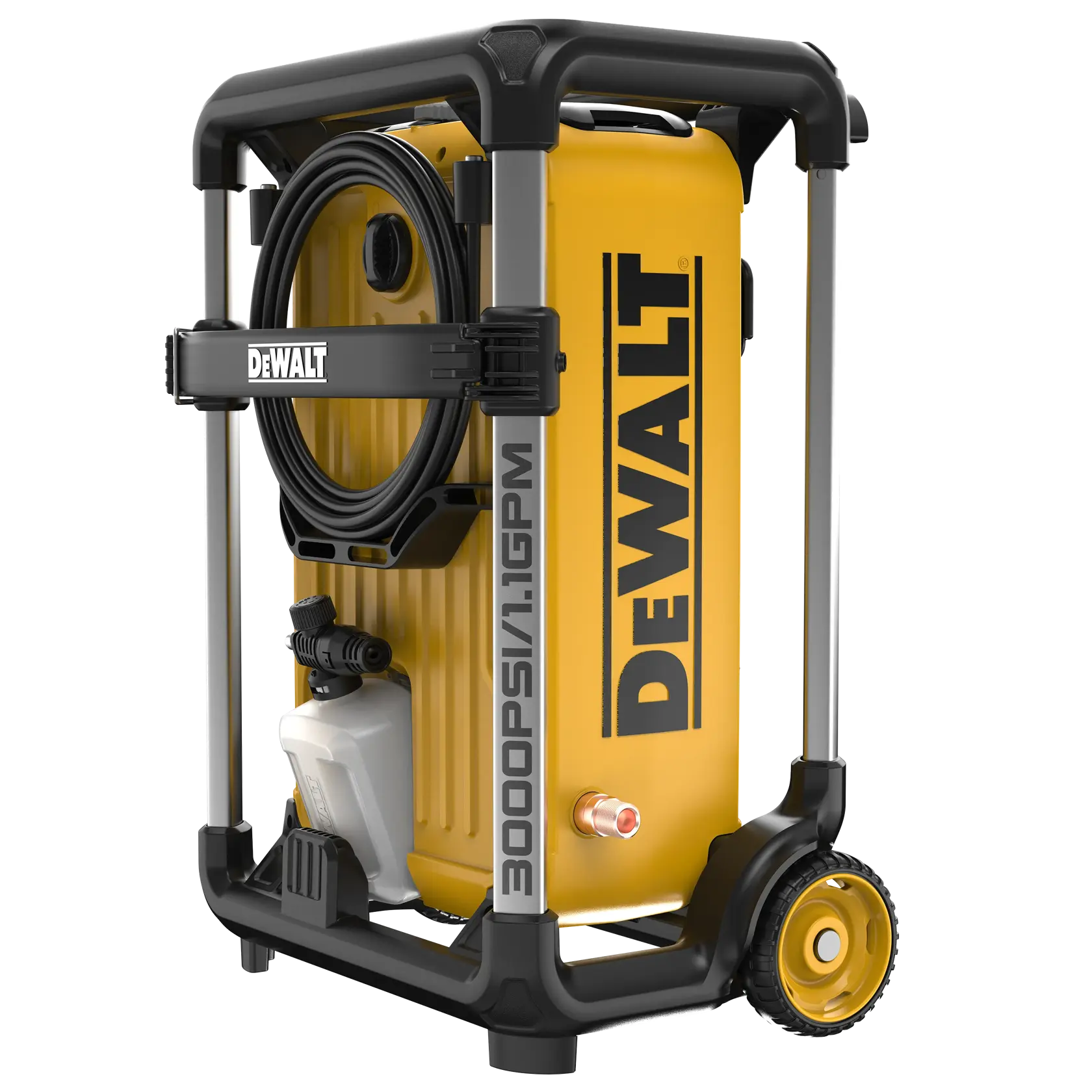 A DEWALT portable pressure washer with a yellow body, black details, and wheels for easy transport. The model number DWPW3000 and specifications 3000 PSI / 1.1 GPM are visible on the side. The device has a hose neatly wrapped around the front and is protected by a sturdy metal frame.